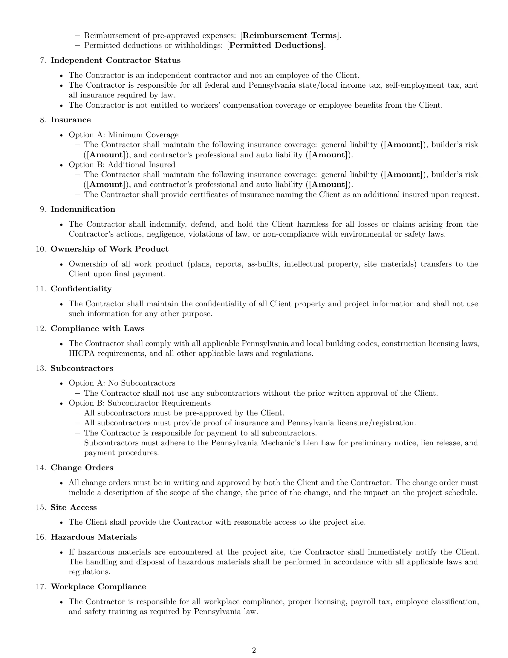 Preview page 2 of Free Pennsylvania construction independent contractor agreement template