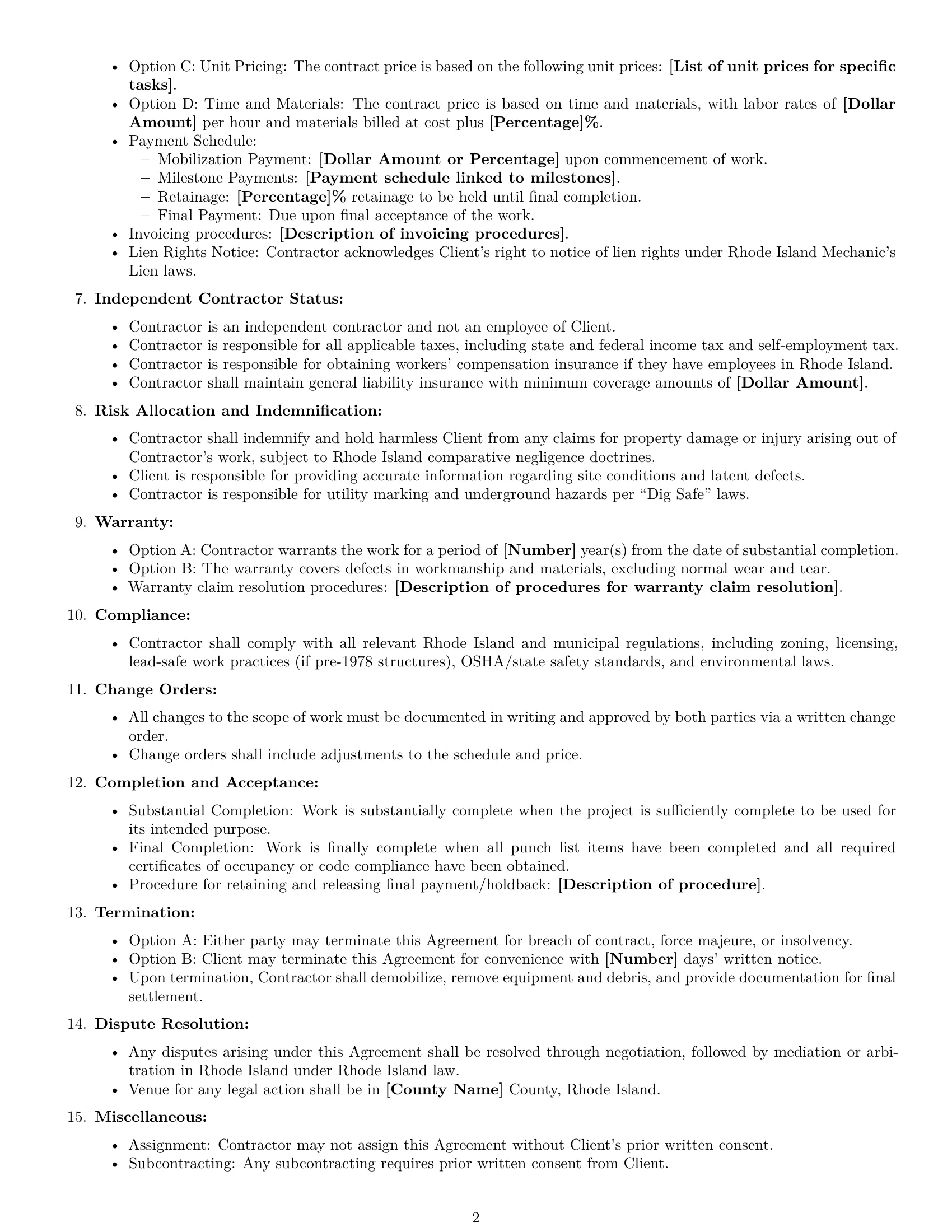 Preview page 2 of Free Rhode Island construction independent contractor agreement template