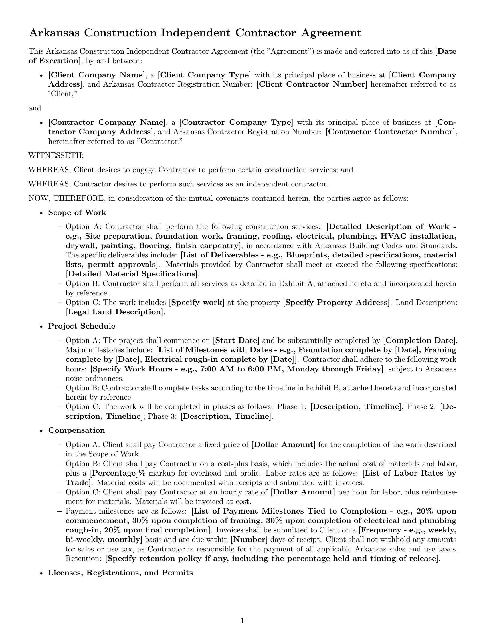 Preview page 1 of Free Arkansas construction independent contractor agreement template