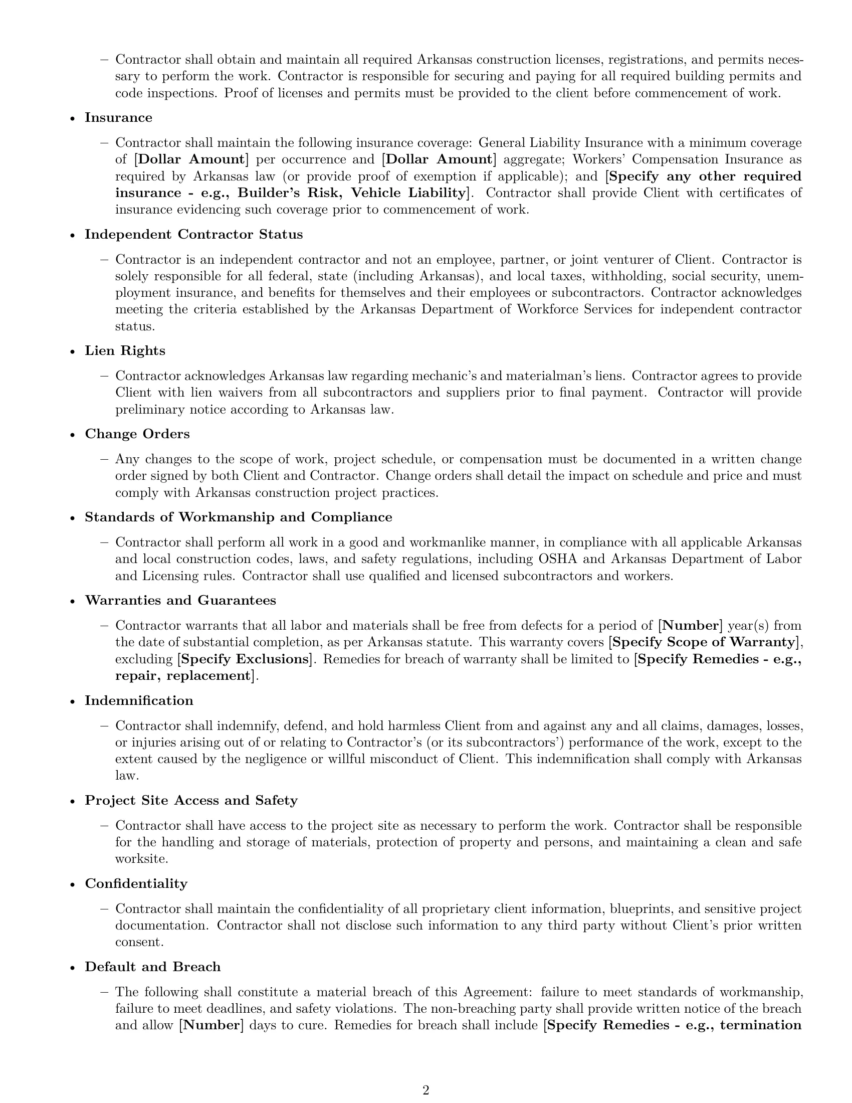 Preview page 2 of Free Arkansas construction independent contractor agreement template