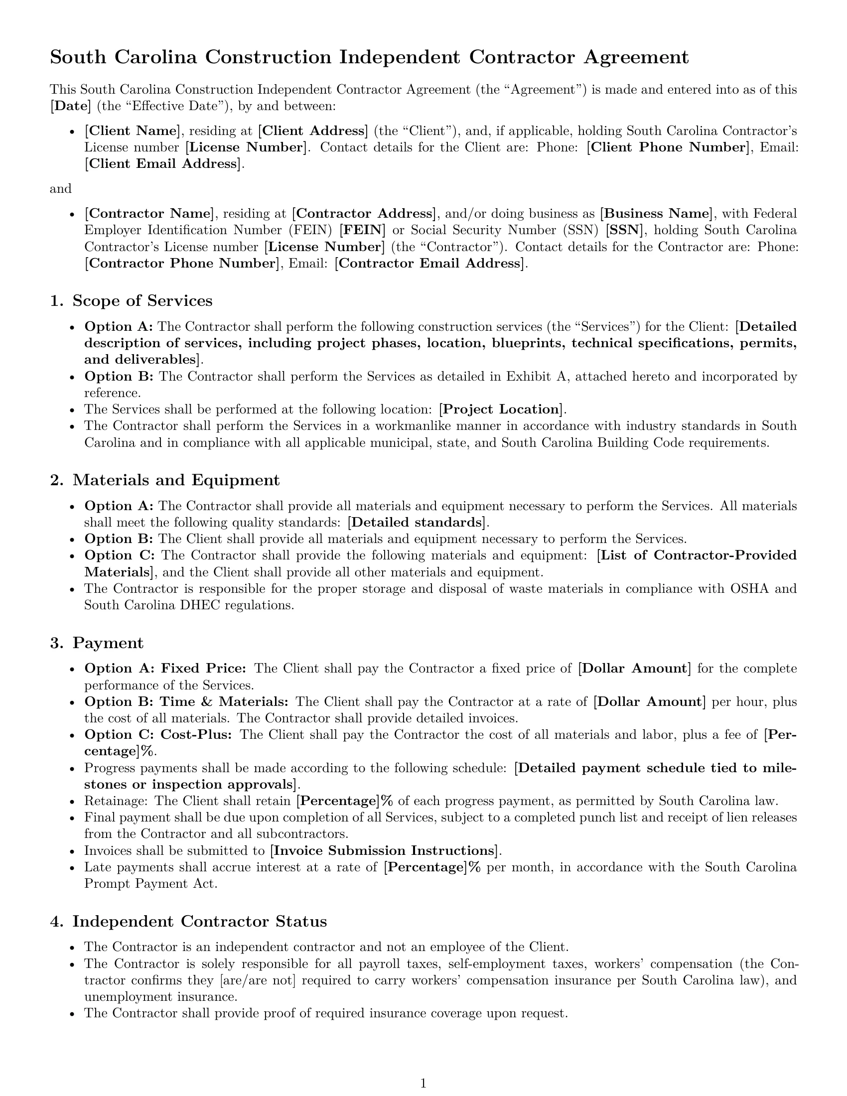 Preview page 1 of Free South Carolina construction independent contractor agreement template