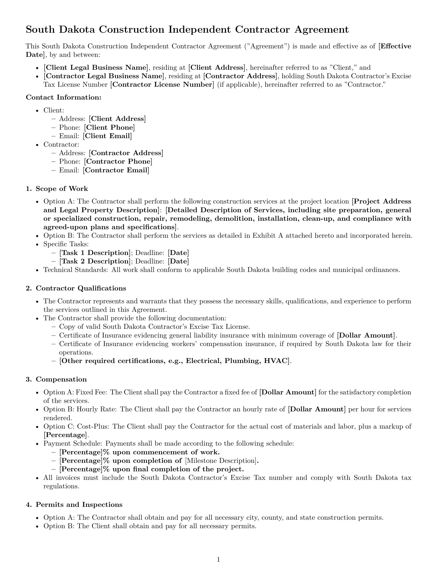 Preview page 1 of Free South Dakota construction independent contractor agreement template