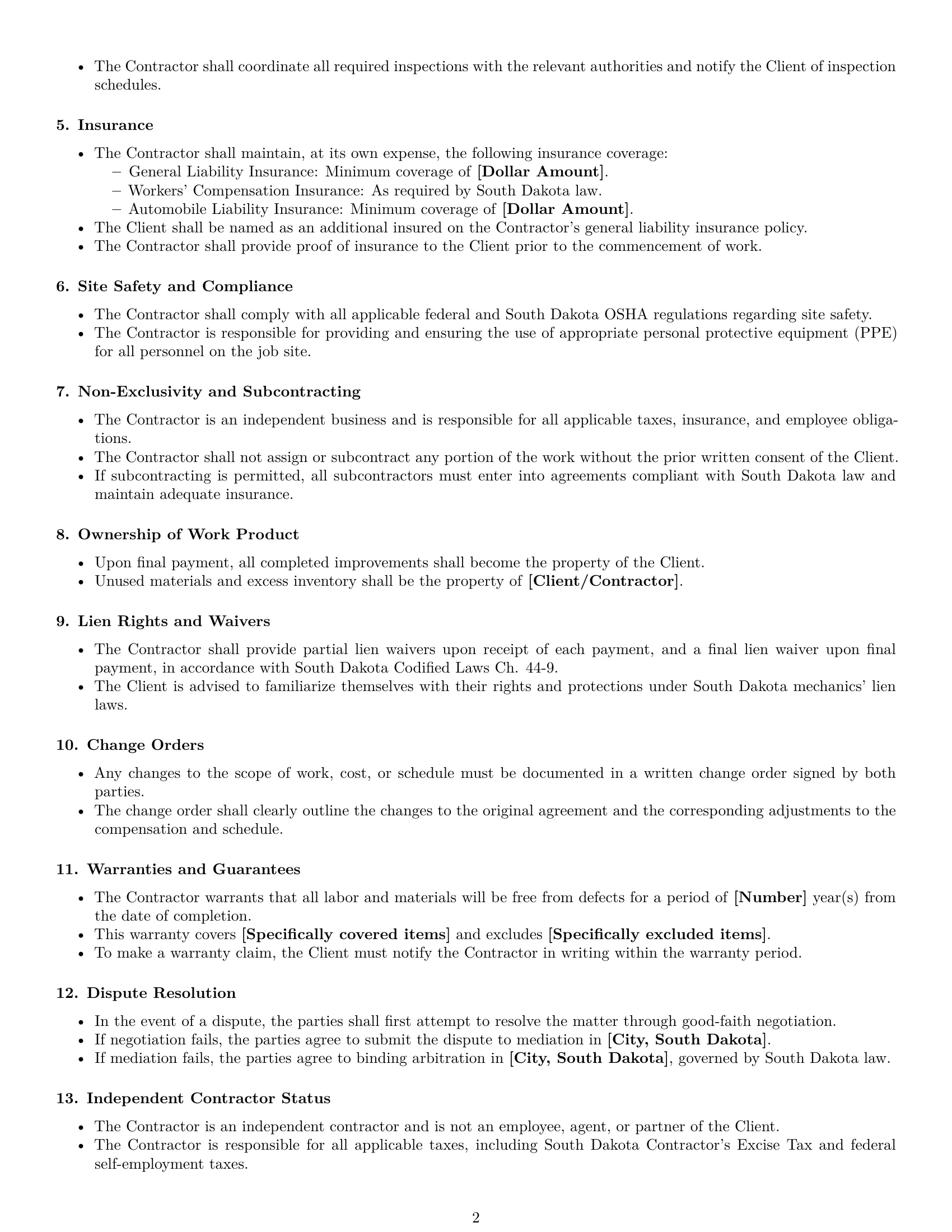 Preview page 2 of Free South Dakota construction independent contractor agreement template