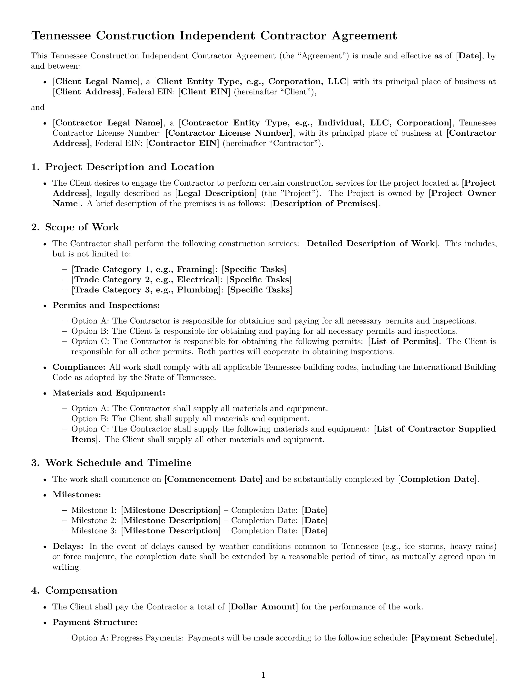 Preview page 1 of Free Tennessee construction independent contractor agreement template