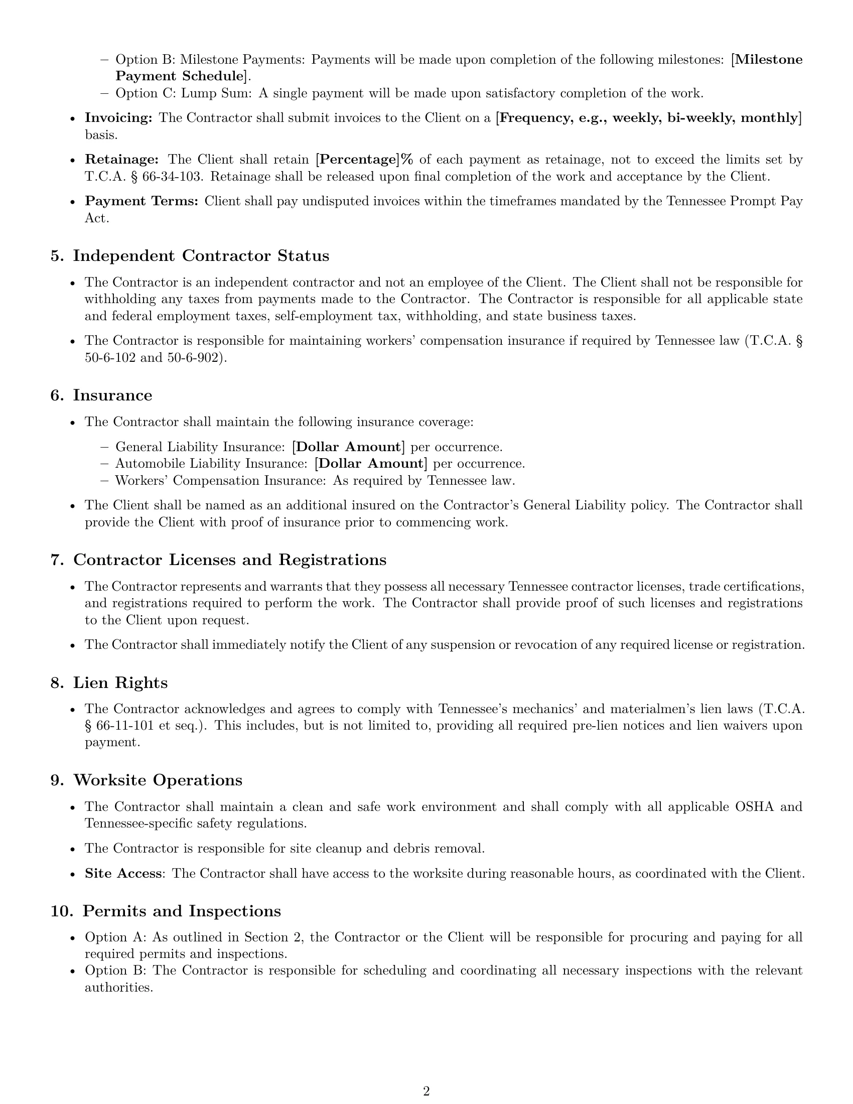 Preview page 2 of Free Tennessee construction independent contractor agreement template