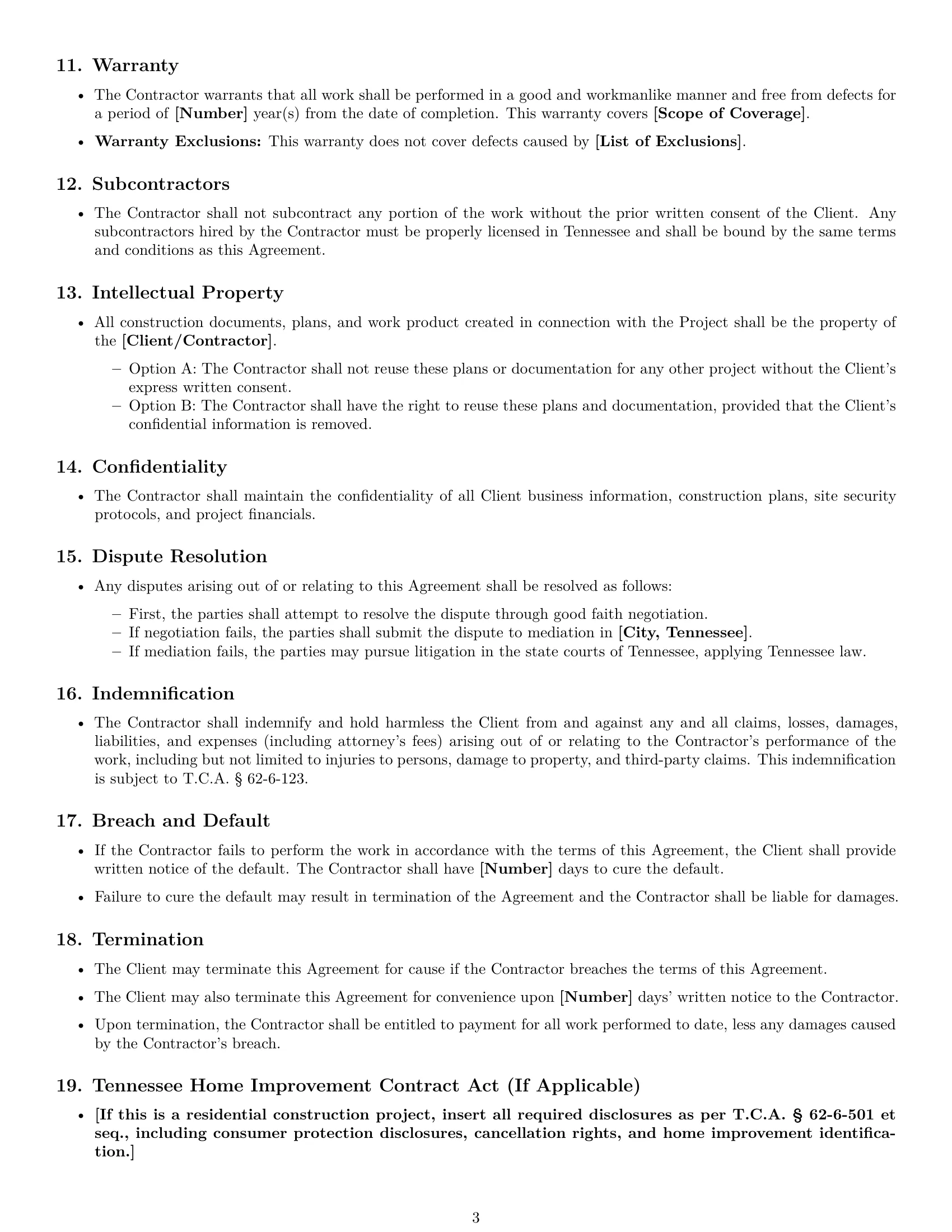 Preview page 3 of Free Tennessee construction independent contractor agreement template