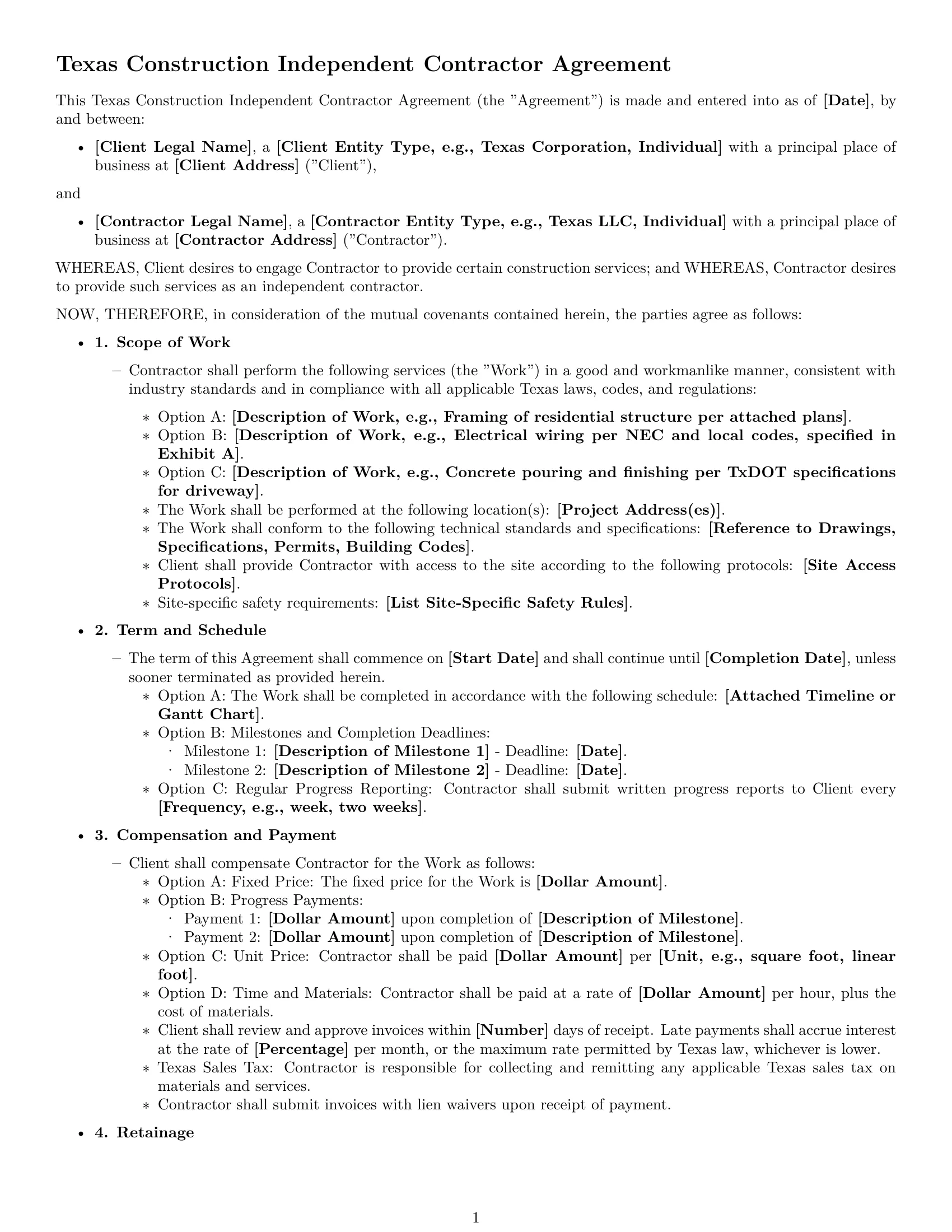 Preview page 1 of Free Texas construction independent contractor agreement template