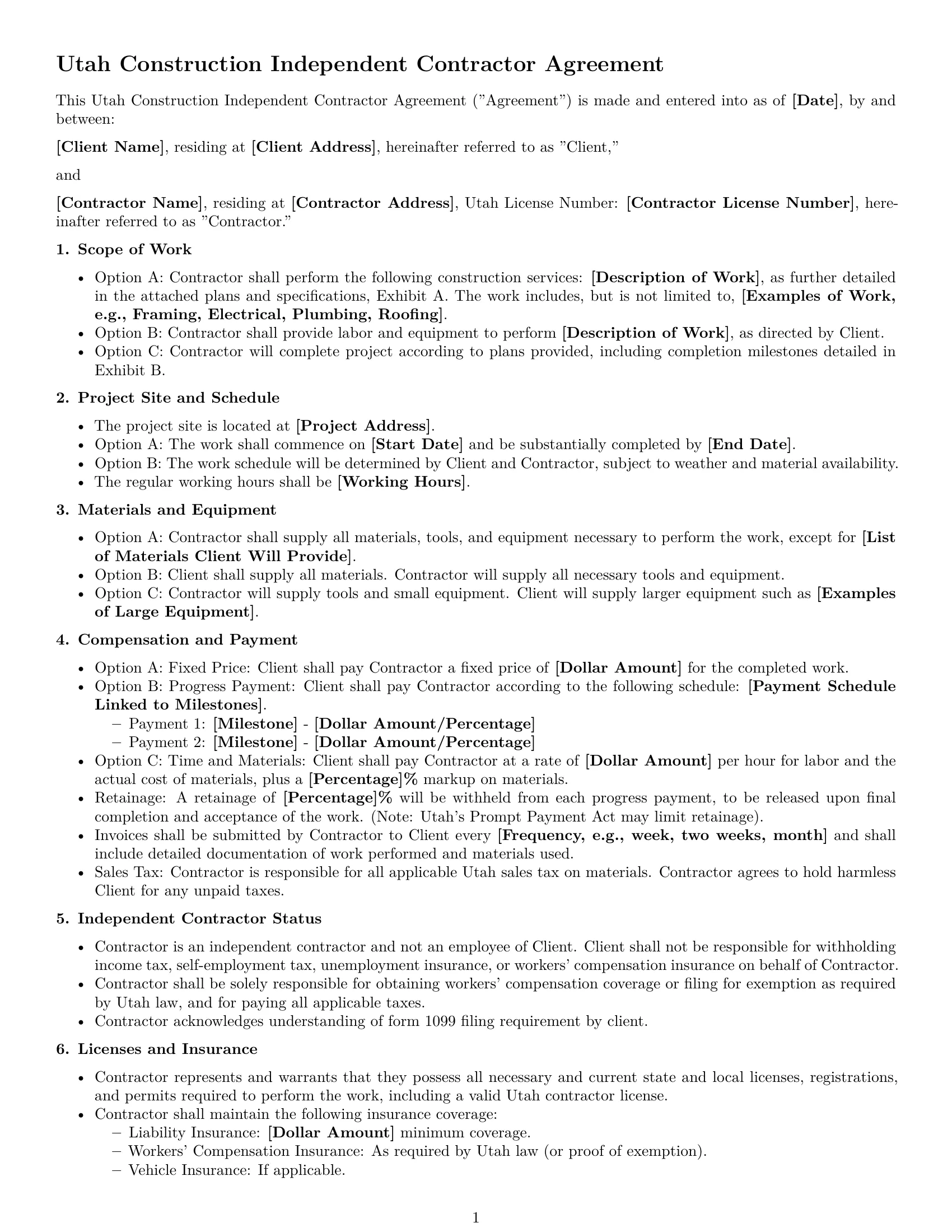 Preview page 1 of Free Utah construction independent contractor agreement template