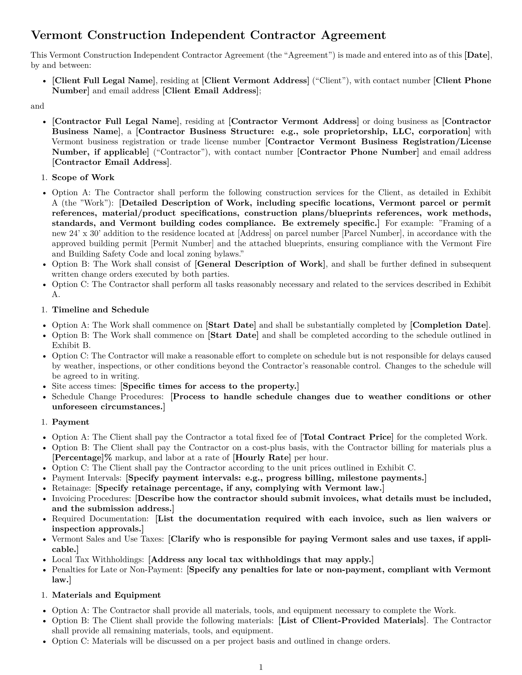 Preview page 1 of Free Vermont construction independent contractor agreement template