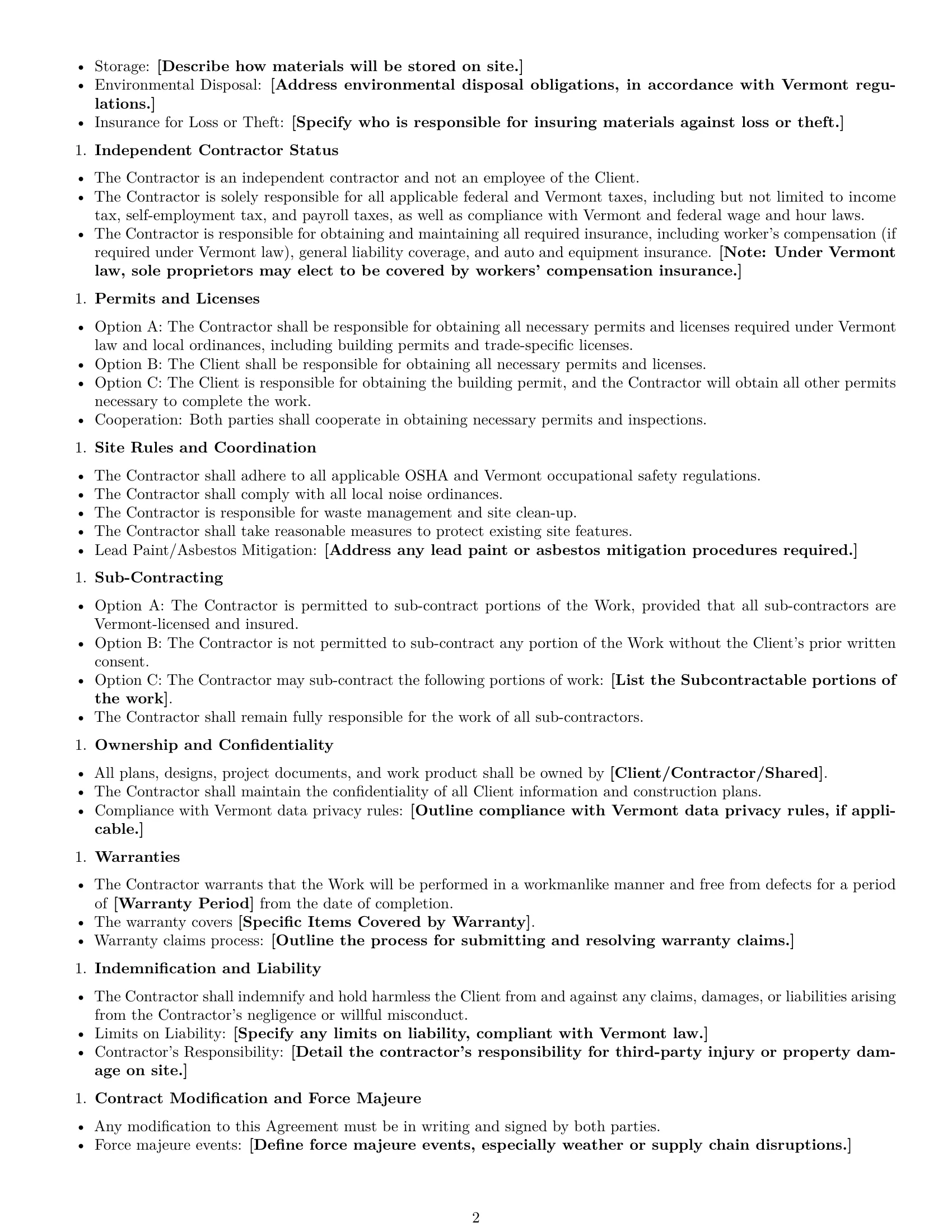 Preview page 2 of Free Vermont construction independent contractor agreement template