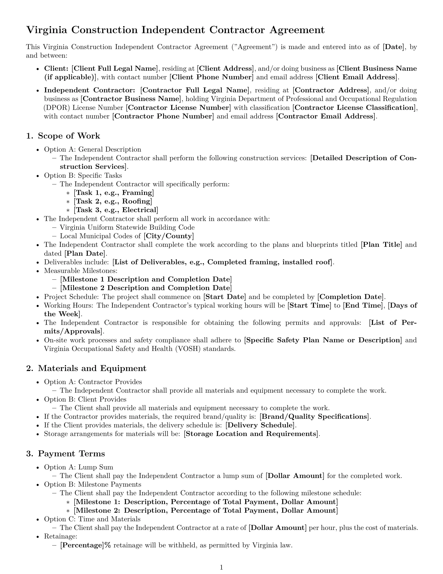 Preview page 1 of Free Virginia construction independent contractor agreement template