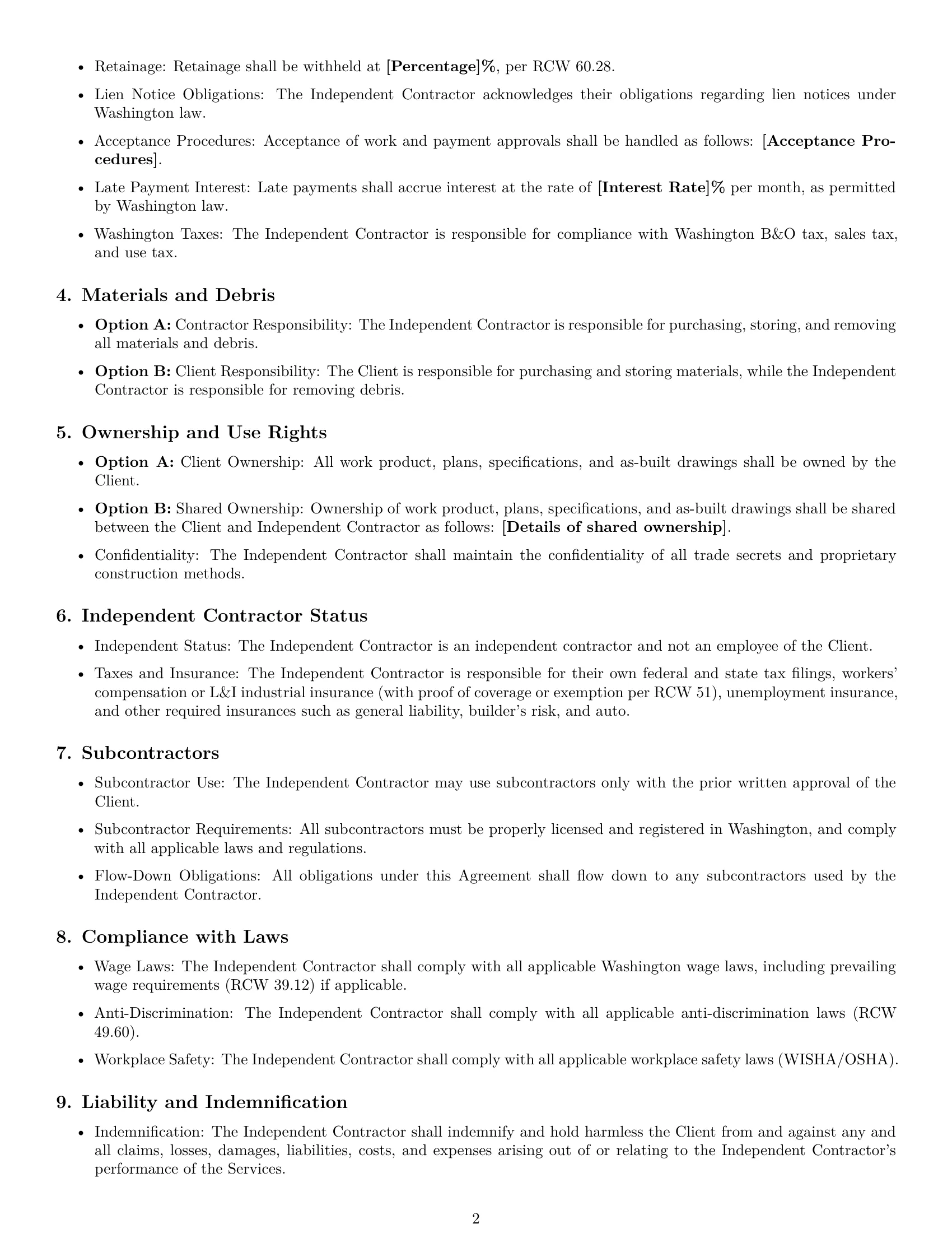 Preview page 2 of Free Washington construction independent contractor agreement template