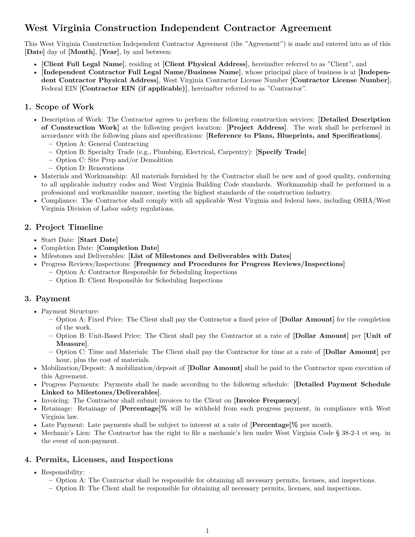 Preview page 1 of Free West Virginia construction independent contractor agreement template