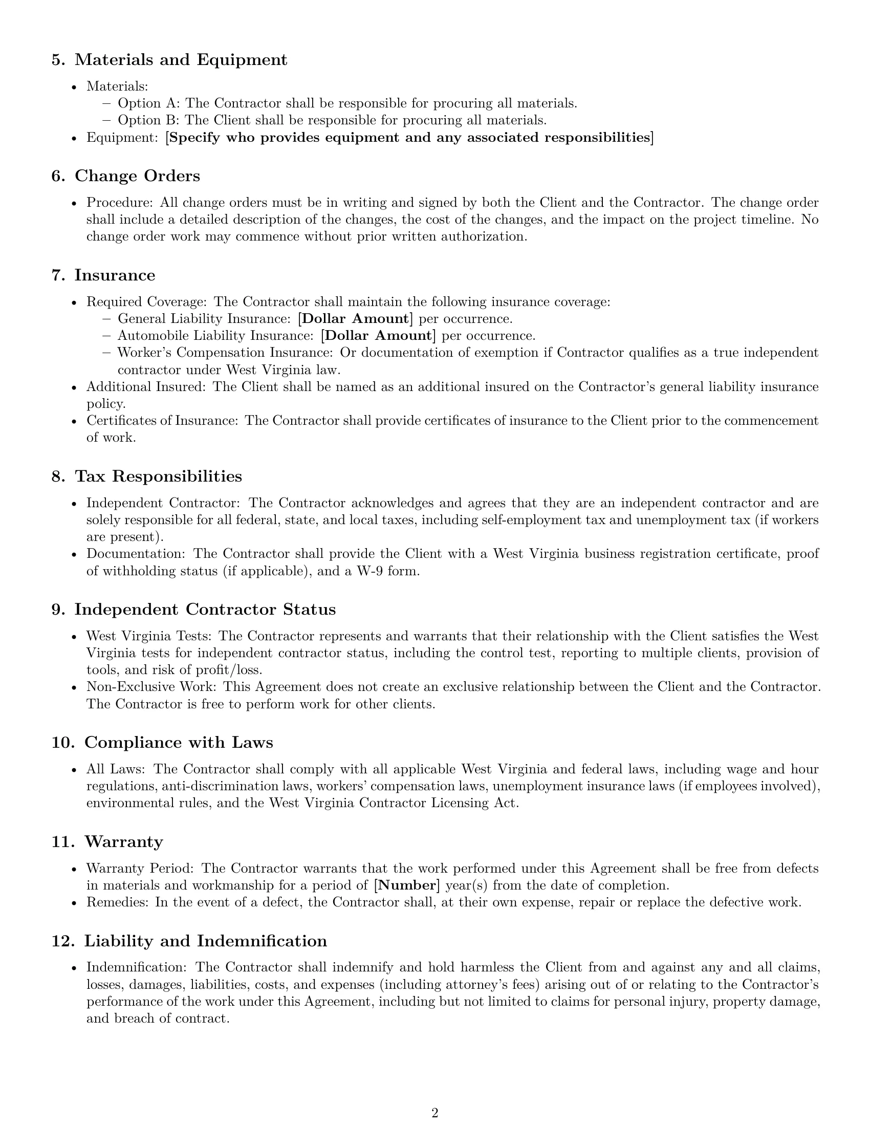 Preview page 2 of Free West Virginia construction independent contractor agreement template
