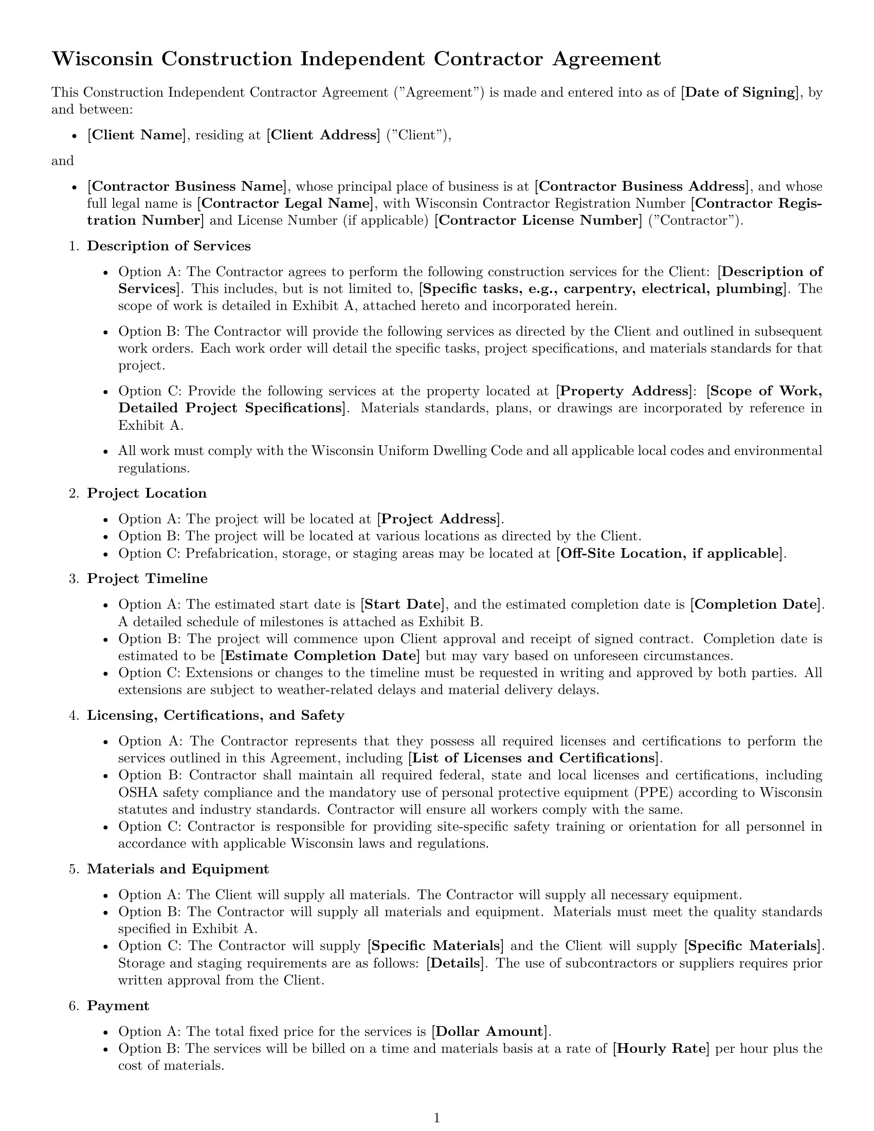Preview page 1 of Free Wisconsin construction independent contractor agreement template