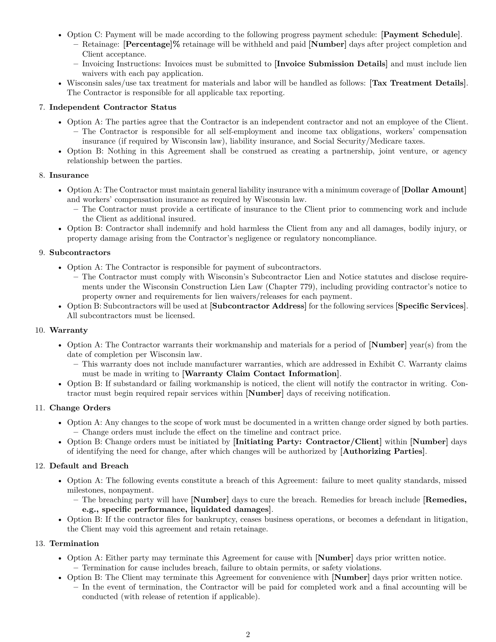 Preview page 2 of Free Wisconsin construction independent contractor agreement template