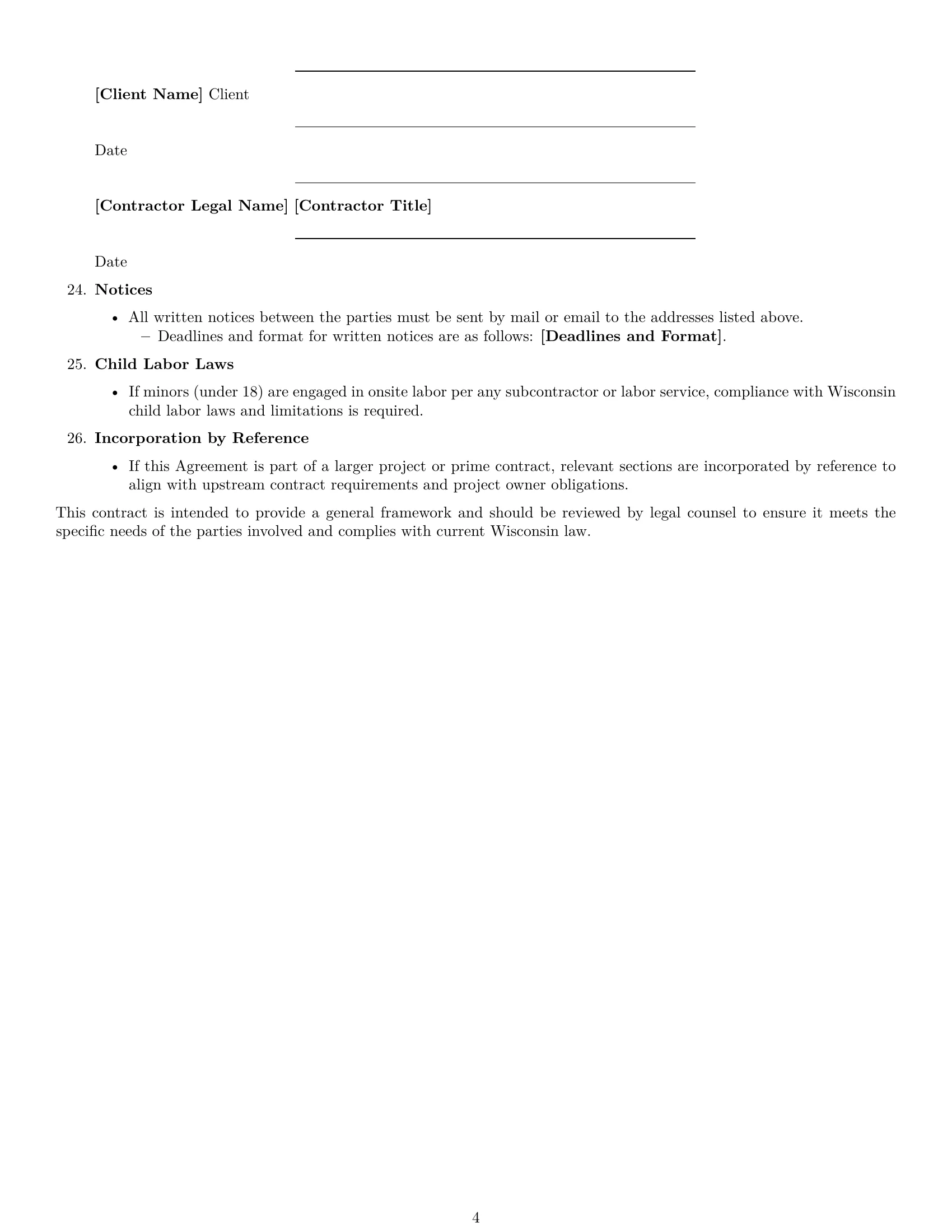 Preview page 4 of Free Wisconsin construction independent contractor agreement template