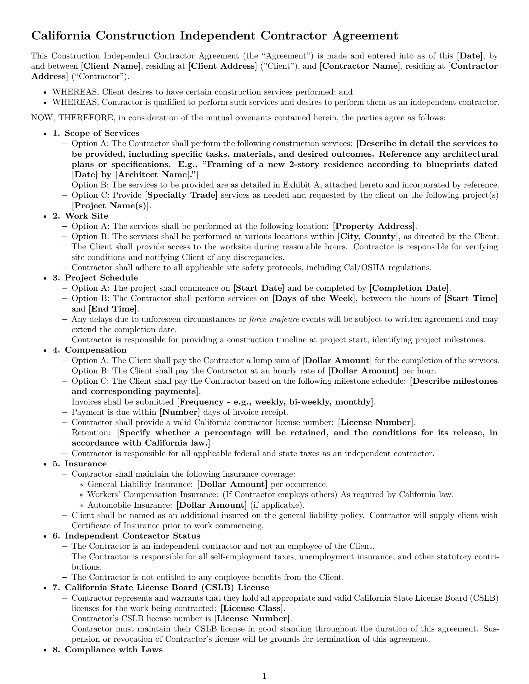 Preview page 1 of Free California construction independent contractor agreement template