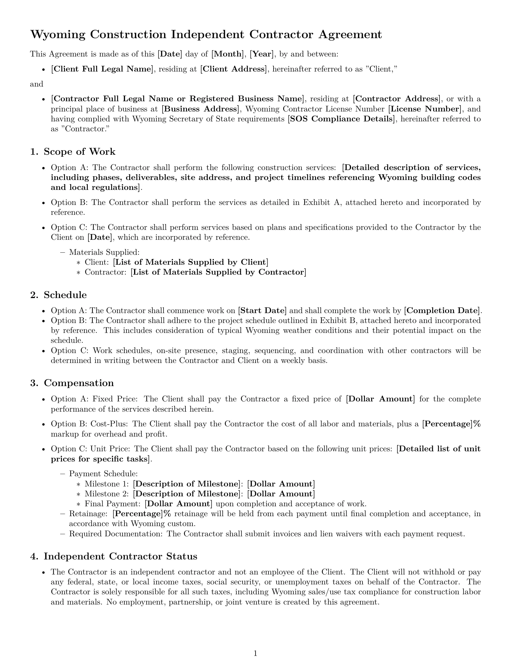 Preview page 1 of Free Wyoming construction independent contractor agreement template