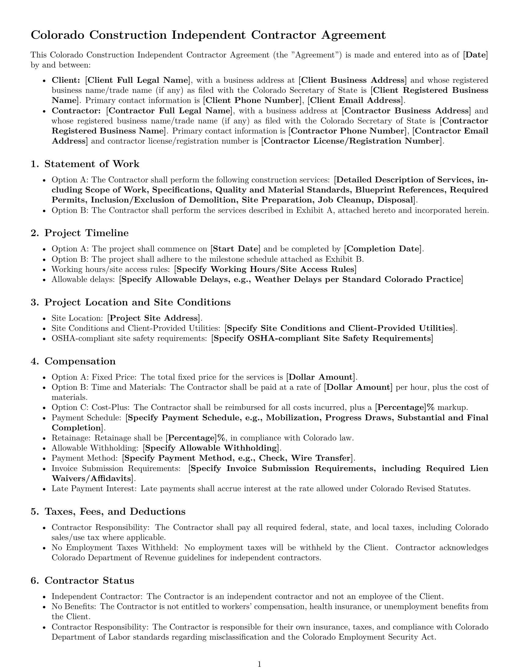 Preview page 1 of Free Colorado construction independent contractor agreement template
