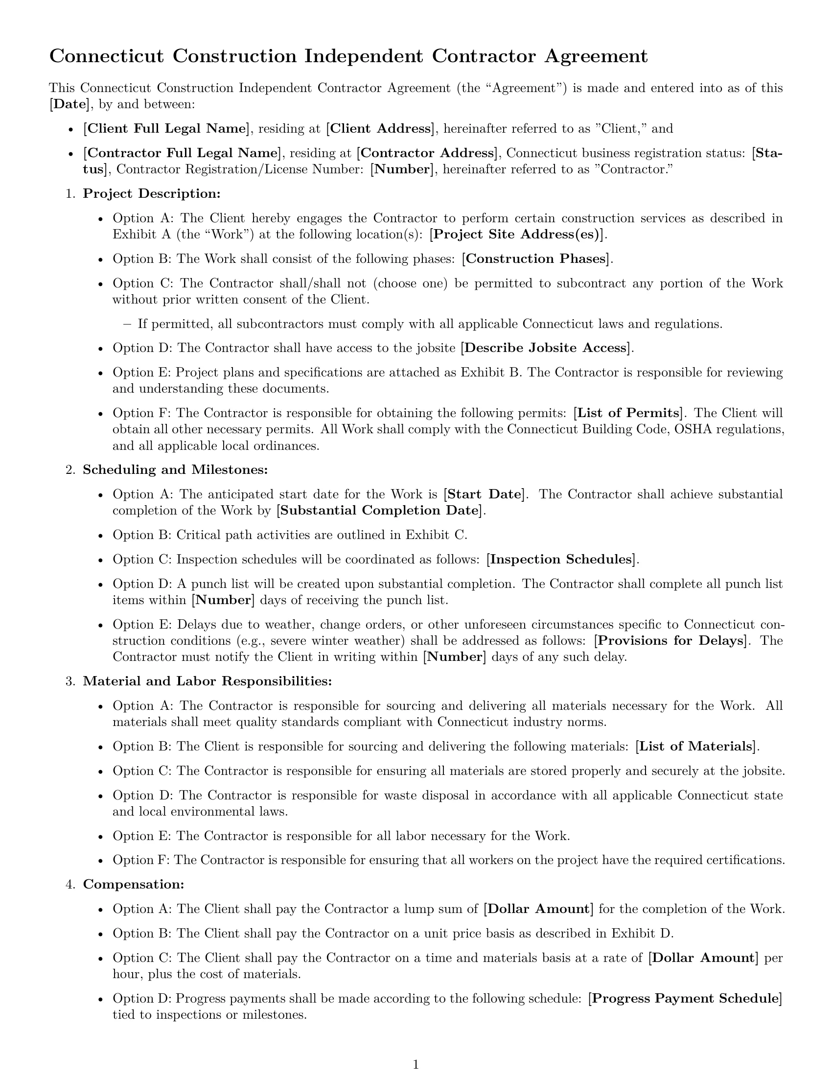 Preview page 1 of Free Connecticut construction independent contractor agreement template