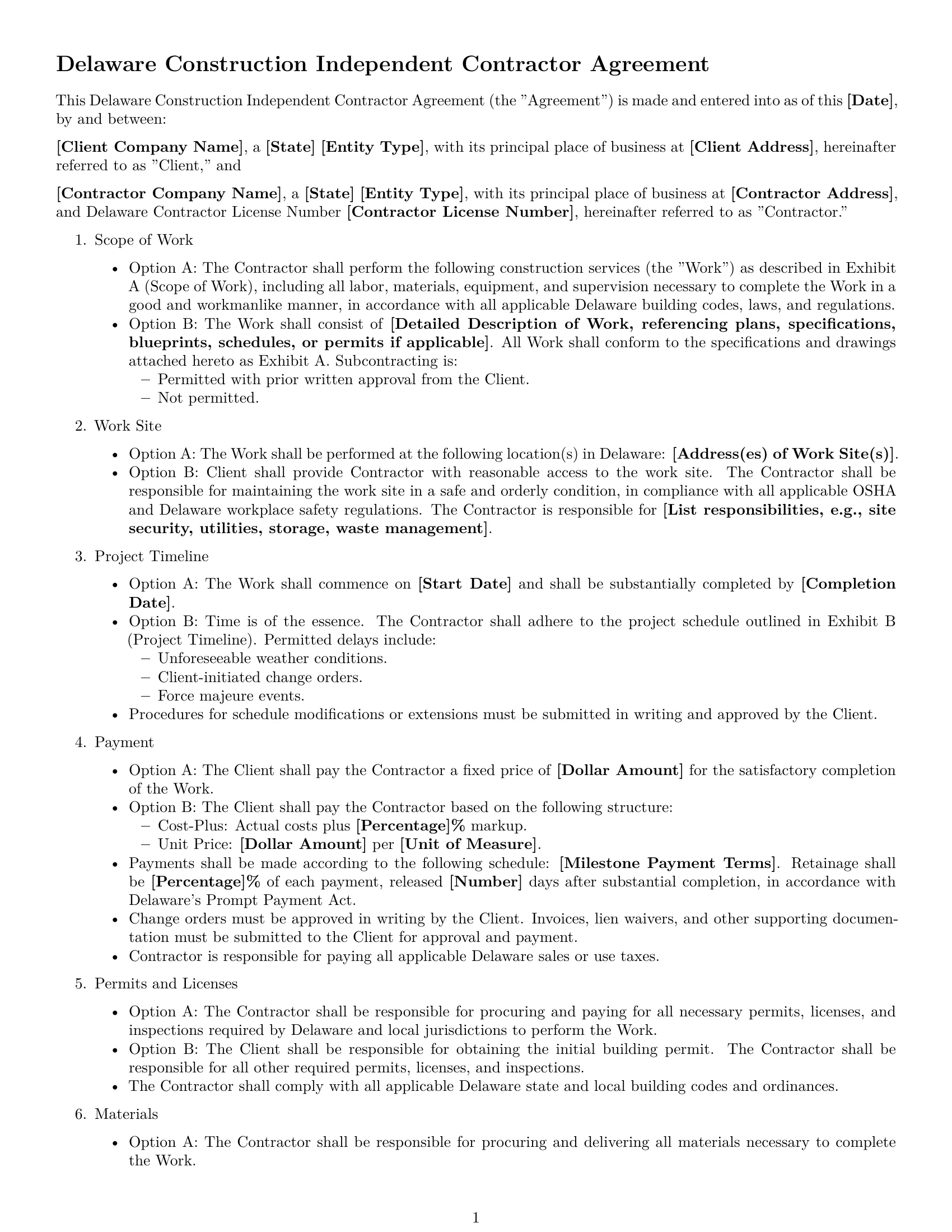 Preview page 1 of Free Delaware construction independent contractor agreement template