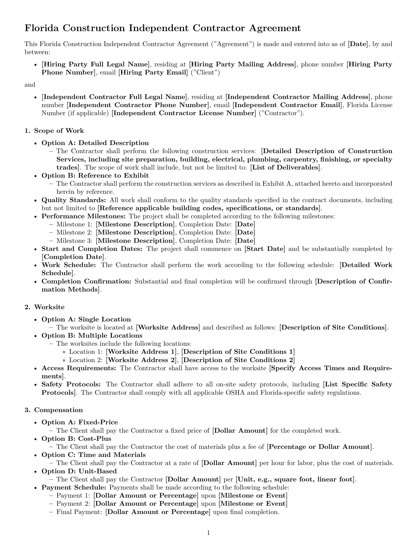 Preview page 1 of Free Florida construction independent contractor agreement template