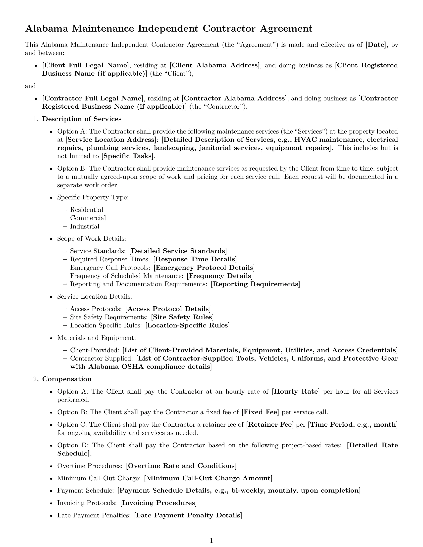 Preview page 1 of Free Alabama maintenance independent contractor agreement template