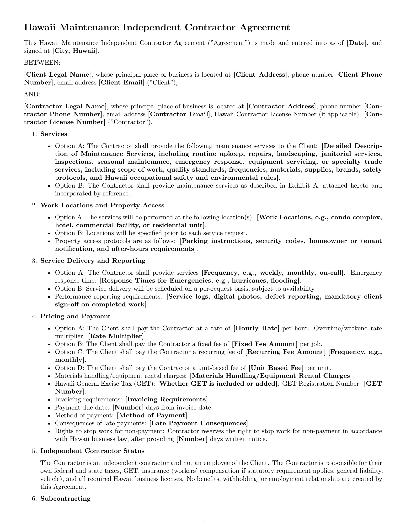 Preview page 1 of Free Hawaii maintenance independent contractor agreement template