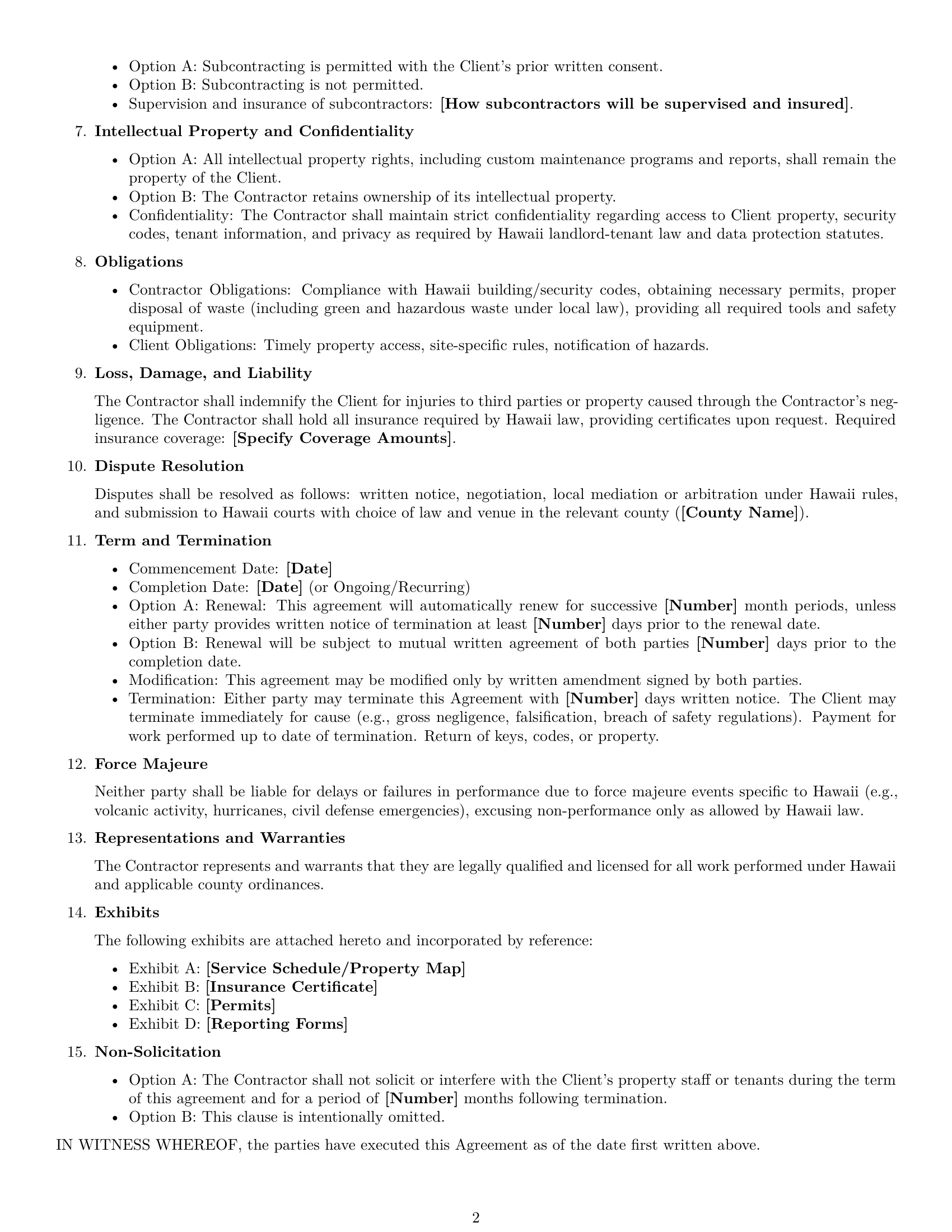 Preview page 2 of Free Hawaii maintenance independent contractor agreement template