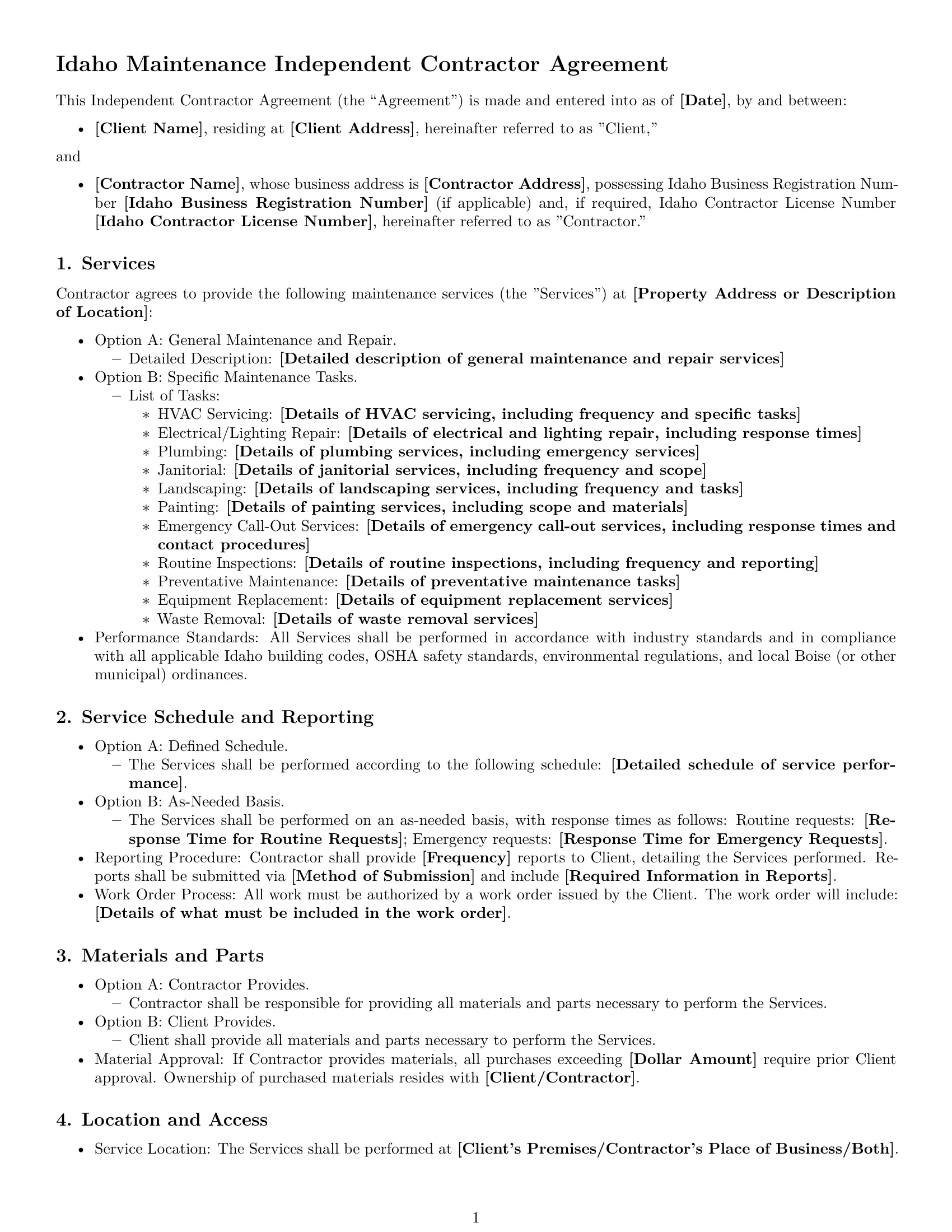 Preview page 1 of Free Idaho maintenance independent contractor agreement template