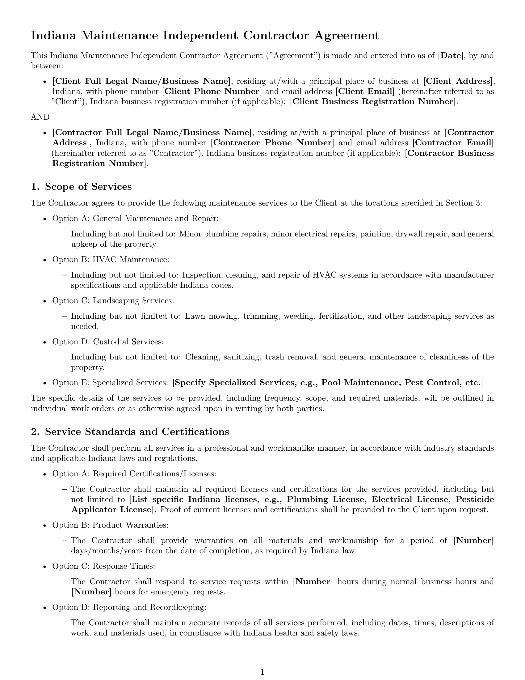 Preview page 1 of Free Indiana maintenance independent contractor agreement template