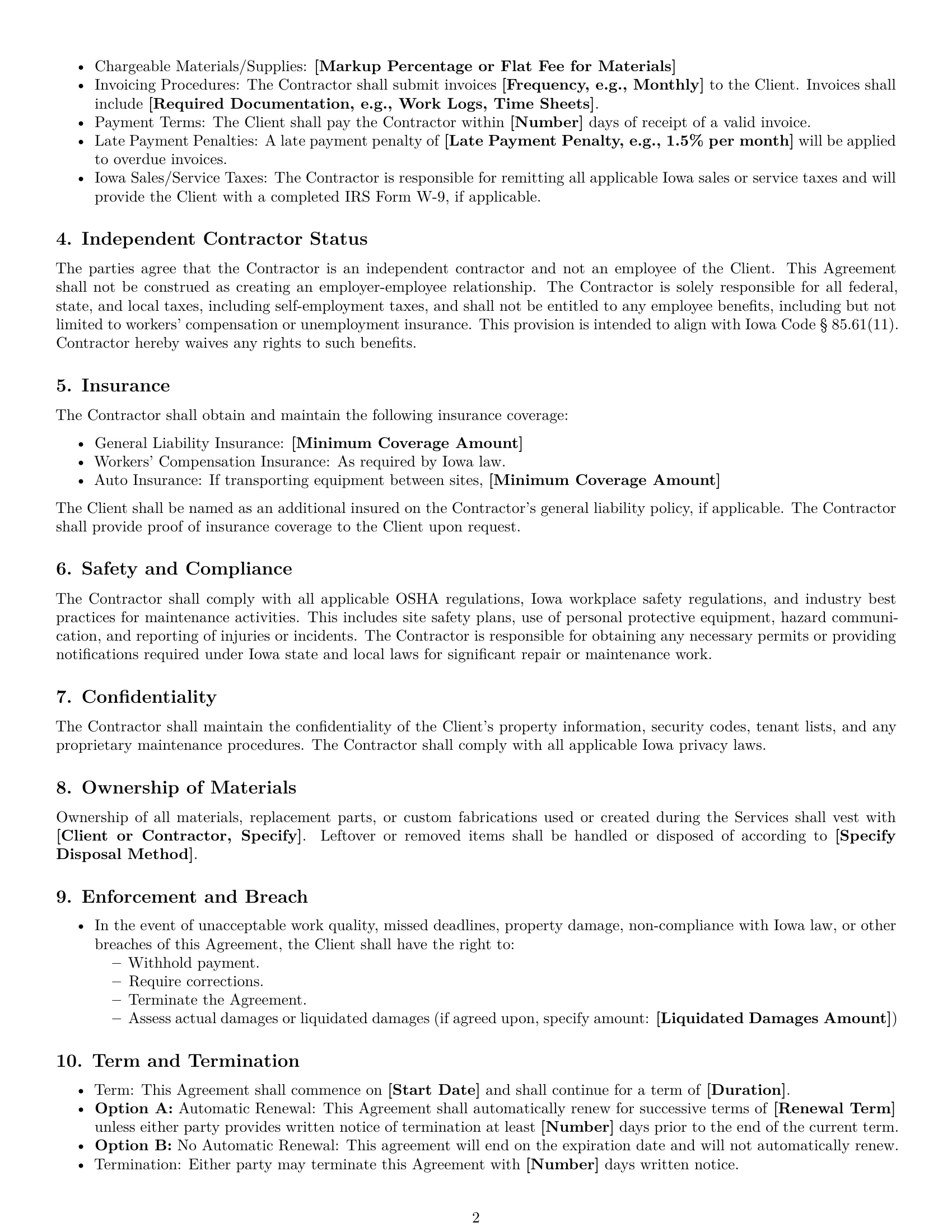 Preview page 2 of Free Iowa maintenance independent contractor agreement template