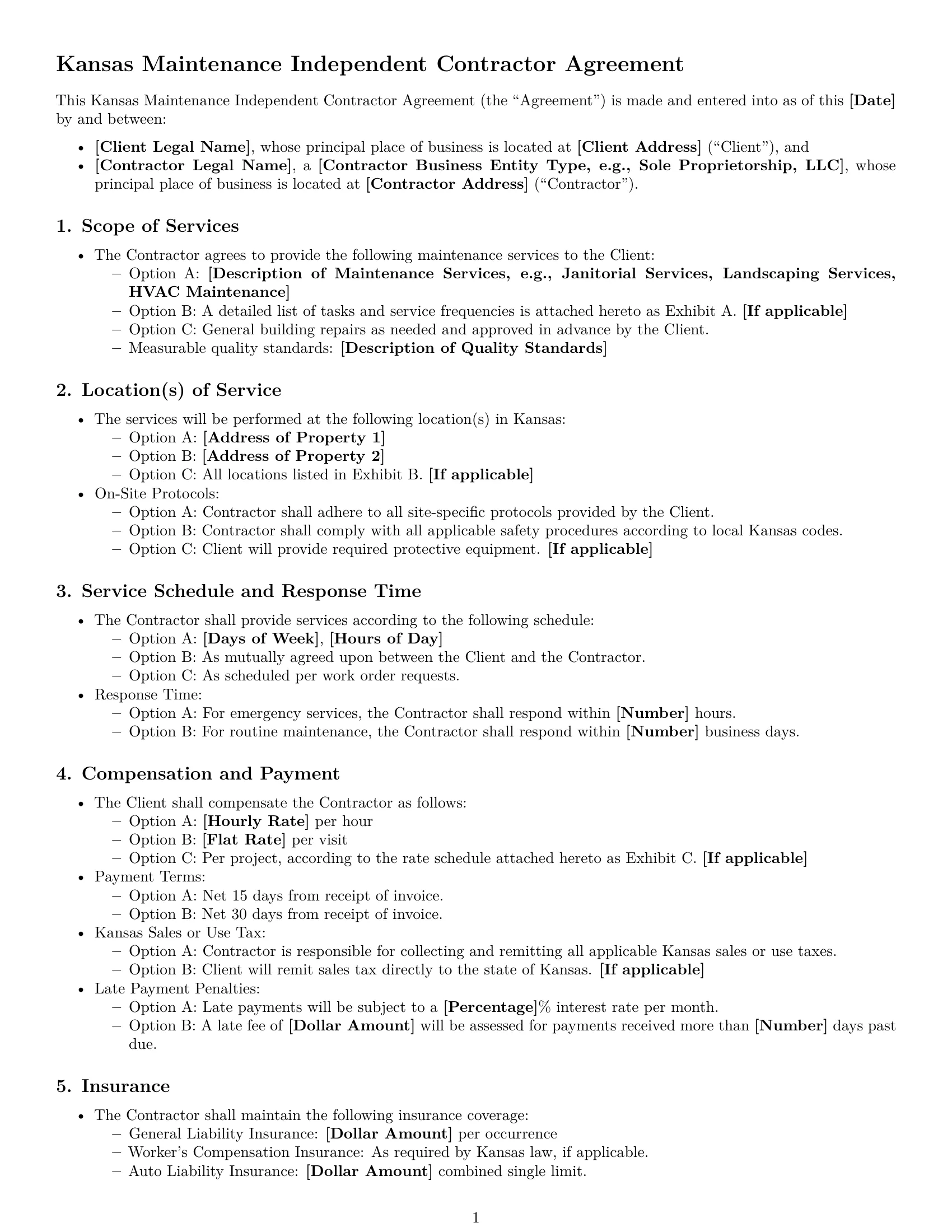 Preview page 1 of Free Kansas maintenance independent contractor agreement template