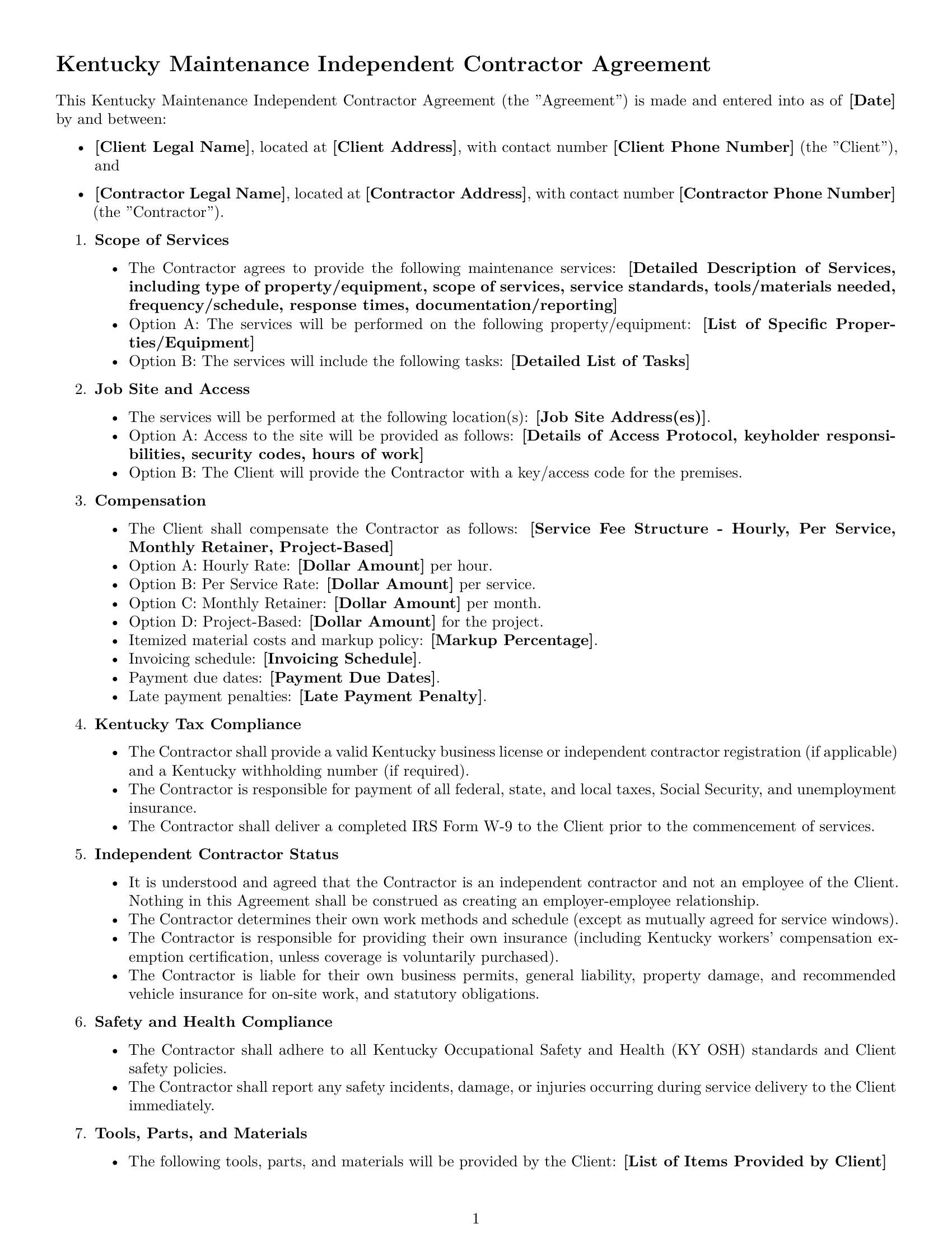 Preview page 1 of Free Kentucky maintenance independent contractor agreement template
