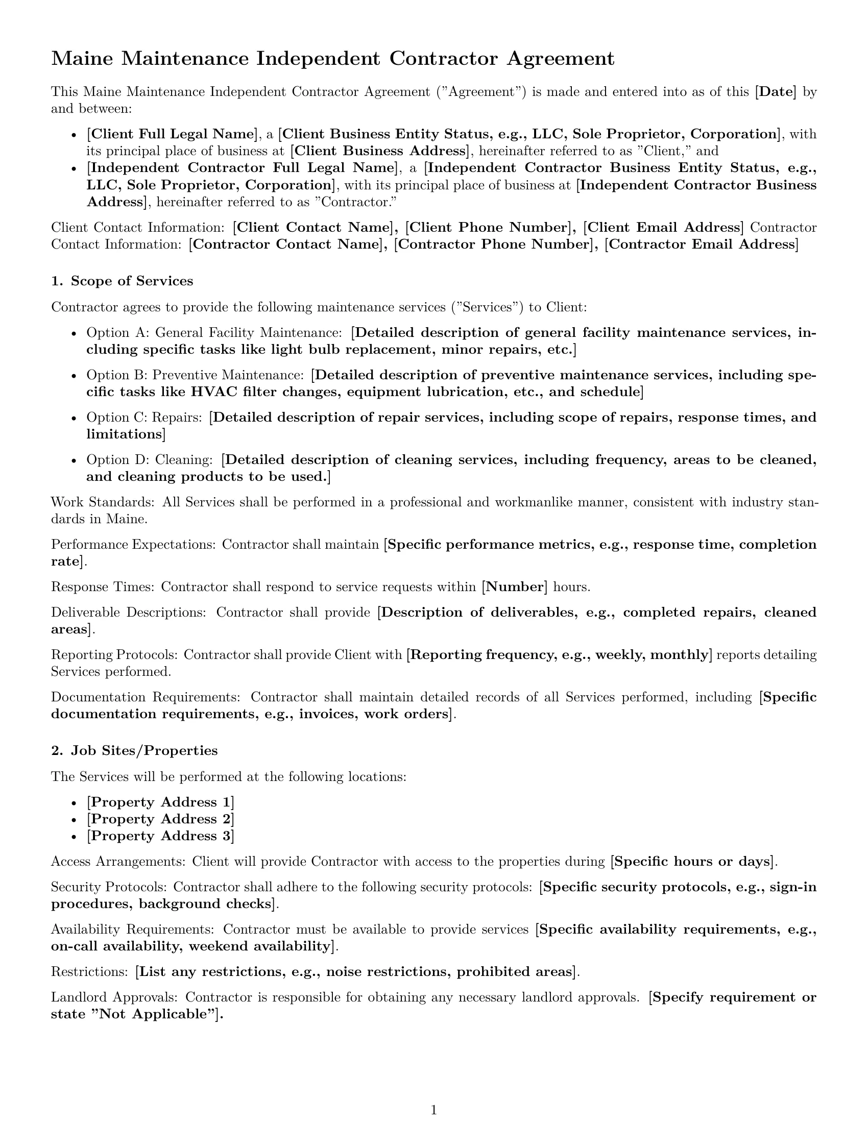 Preview page 1 of Free Maine maintenance independent contractor agreement template