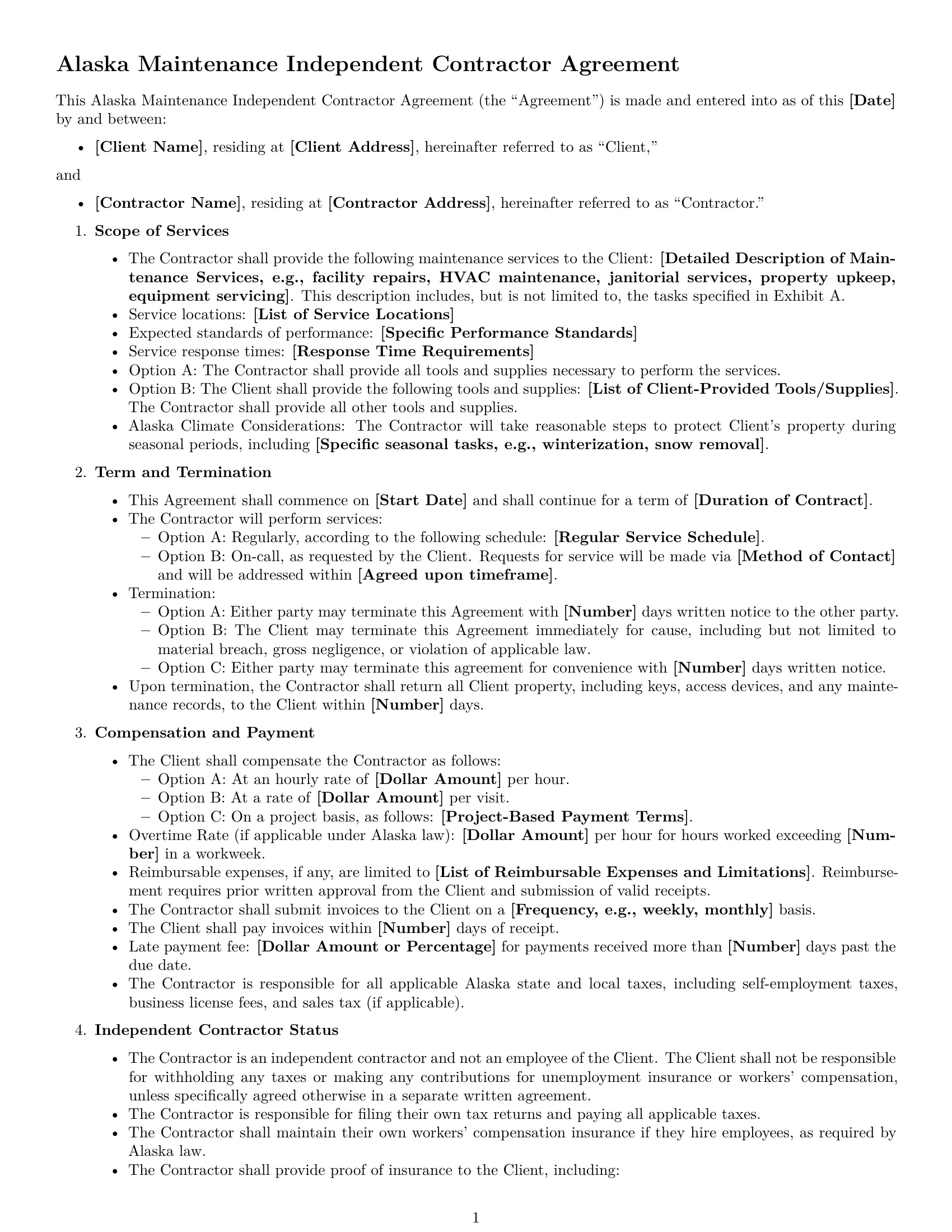 Preview page 1 of Free Alaska maintenance independent contractor agreement template