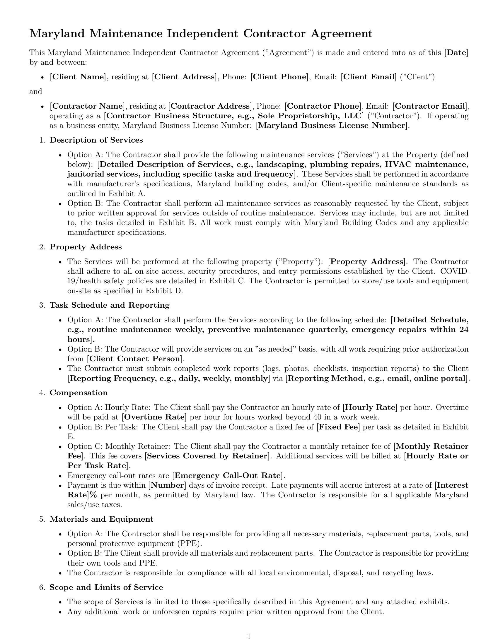 Preview page 1 of Free Maryland maintenance independent contractor agreement template