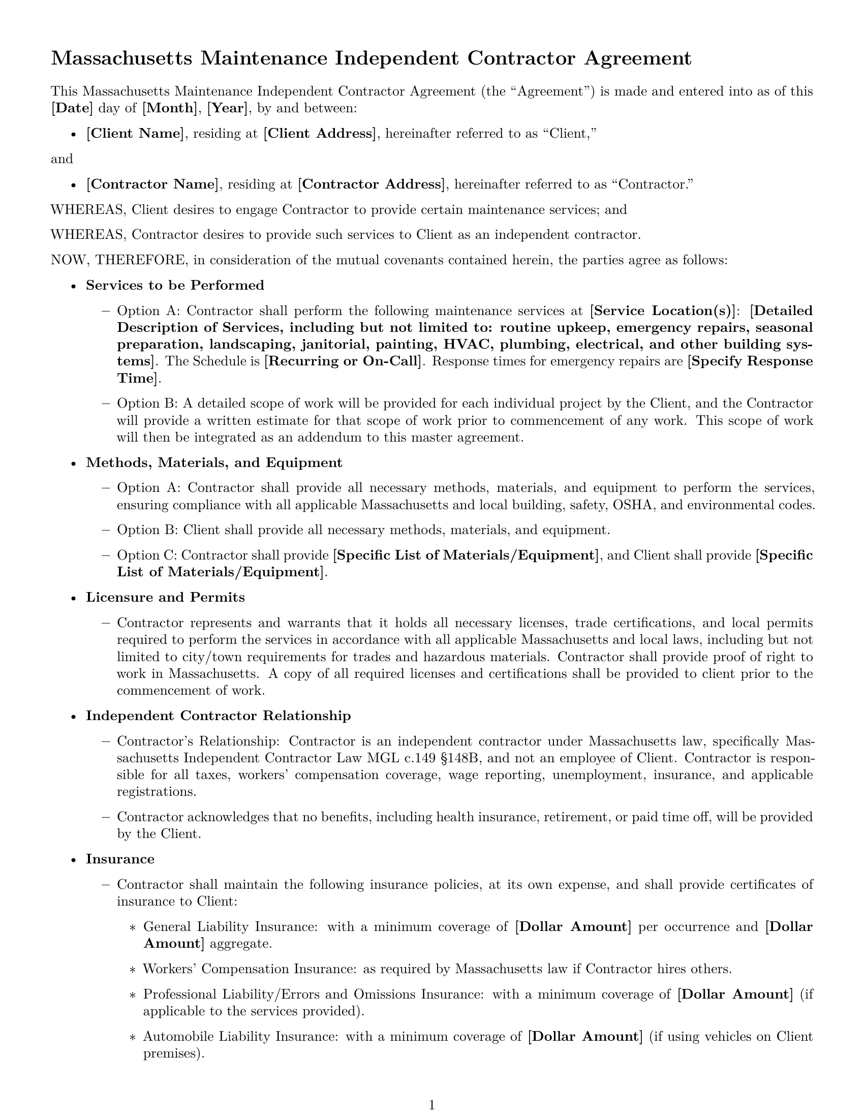 Preview page 1 of Free Massachusetts maintenance independent contractor agreement template