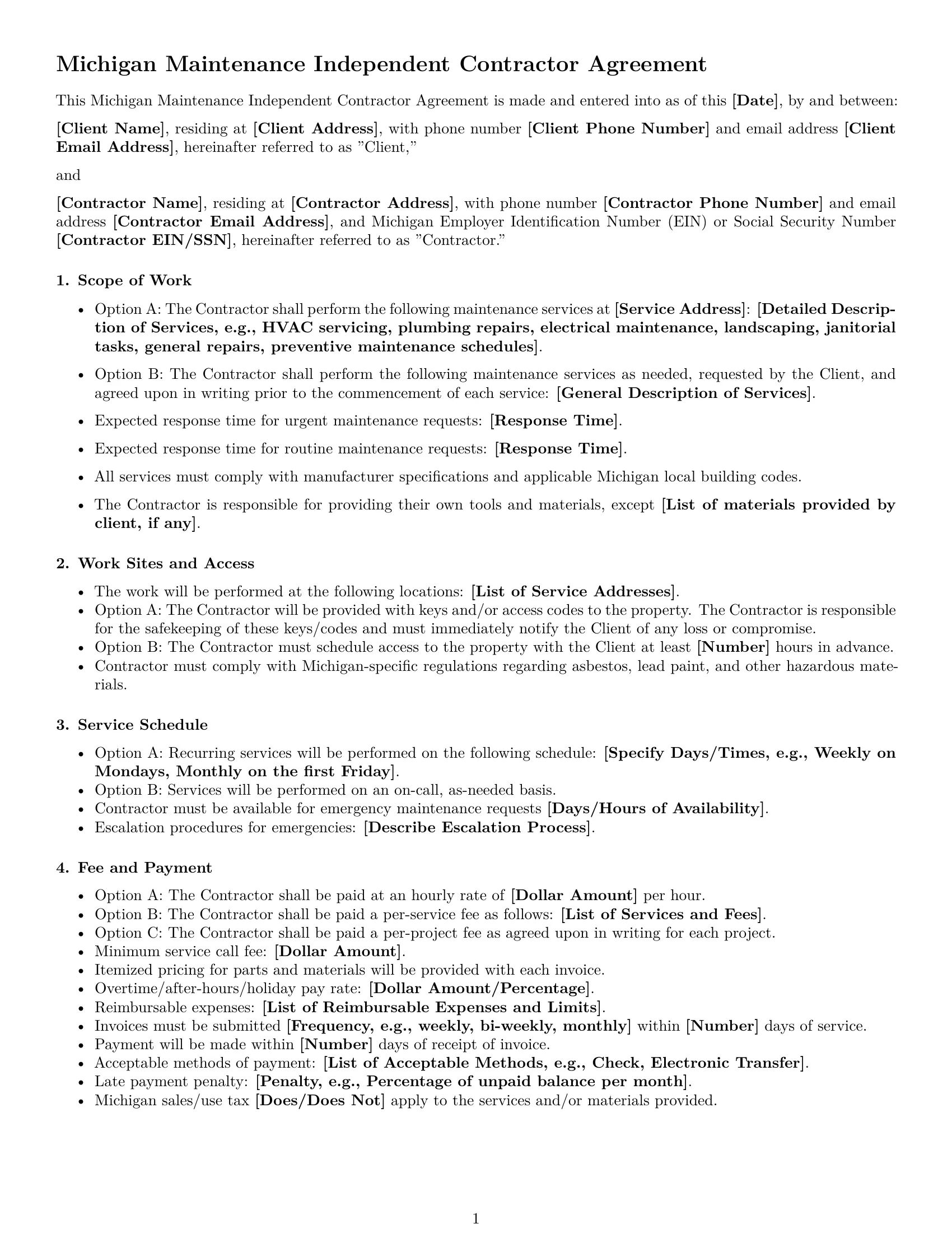 Preview page 1 of Free Michigan maintenance independent contractor agreement template