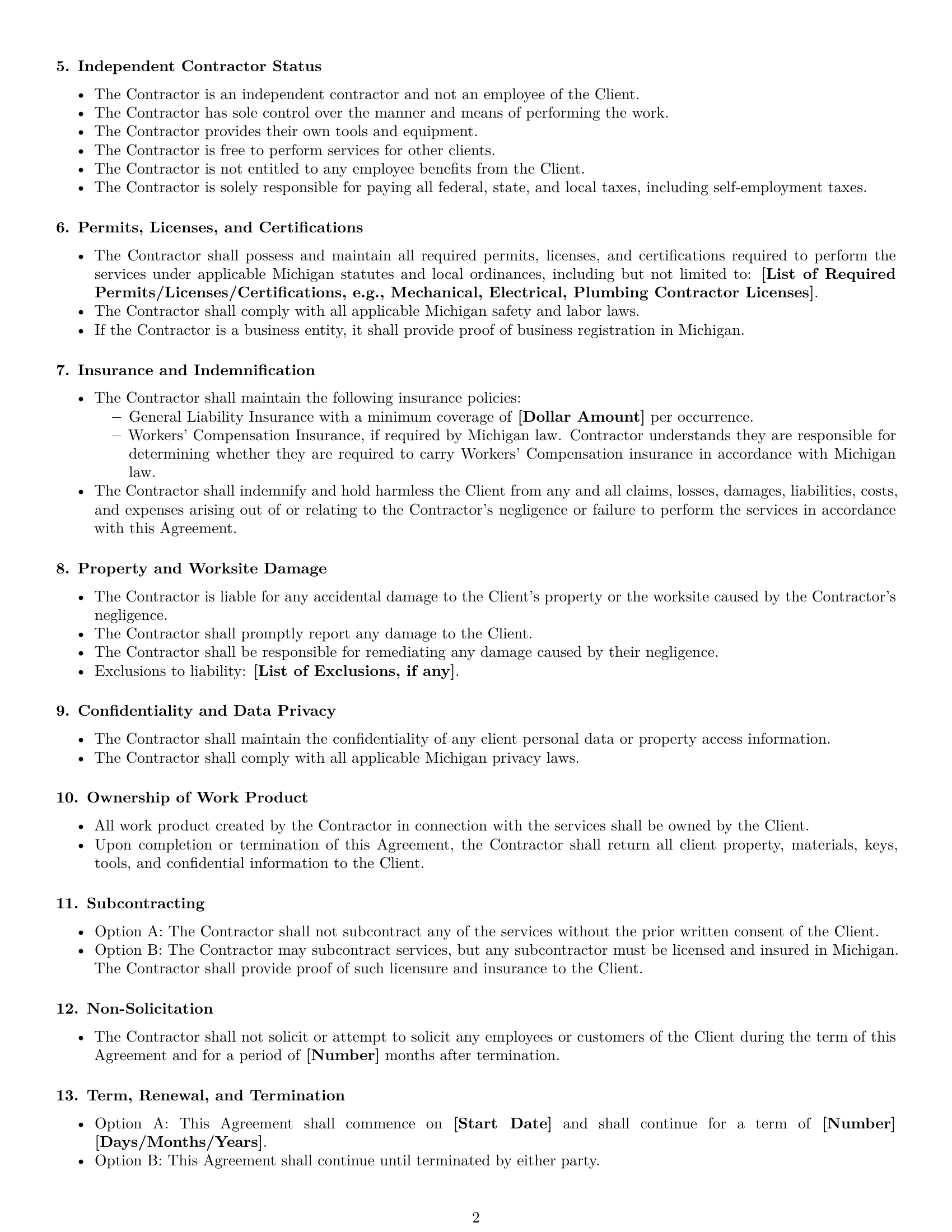Preview page 2 of Free Michigan maintenance independent contractor agreement template