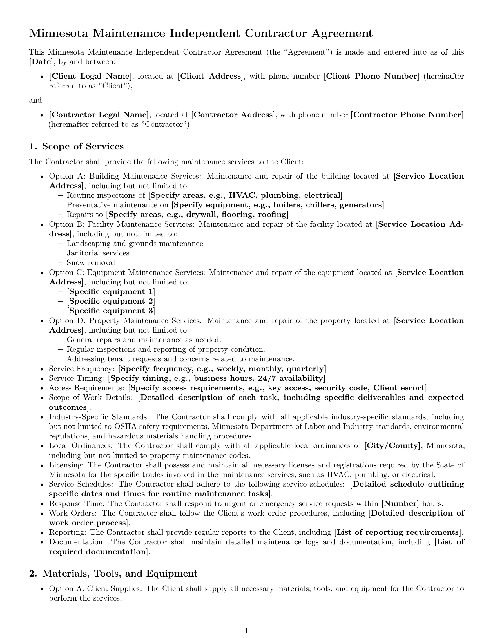 Preview page 1 of Free Minnesota maintenance independent contractor agreement template