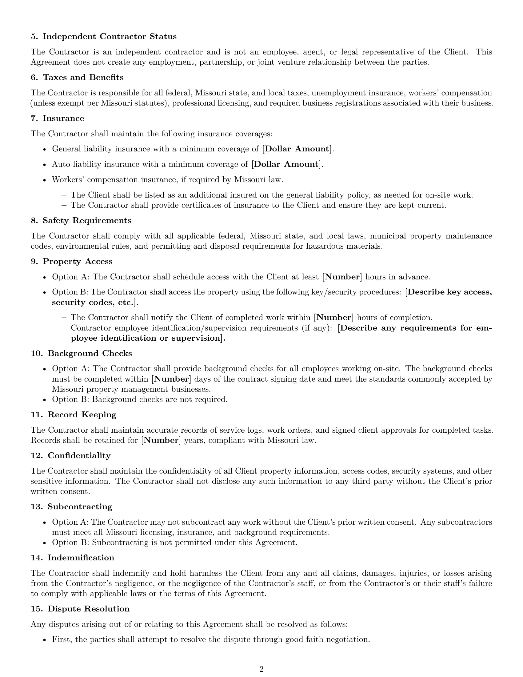 Preview page 2 of Free Missouri maintenance independent contractor agreement template