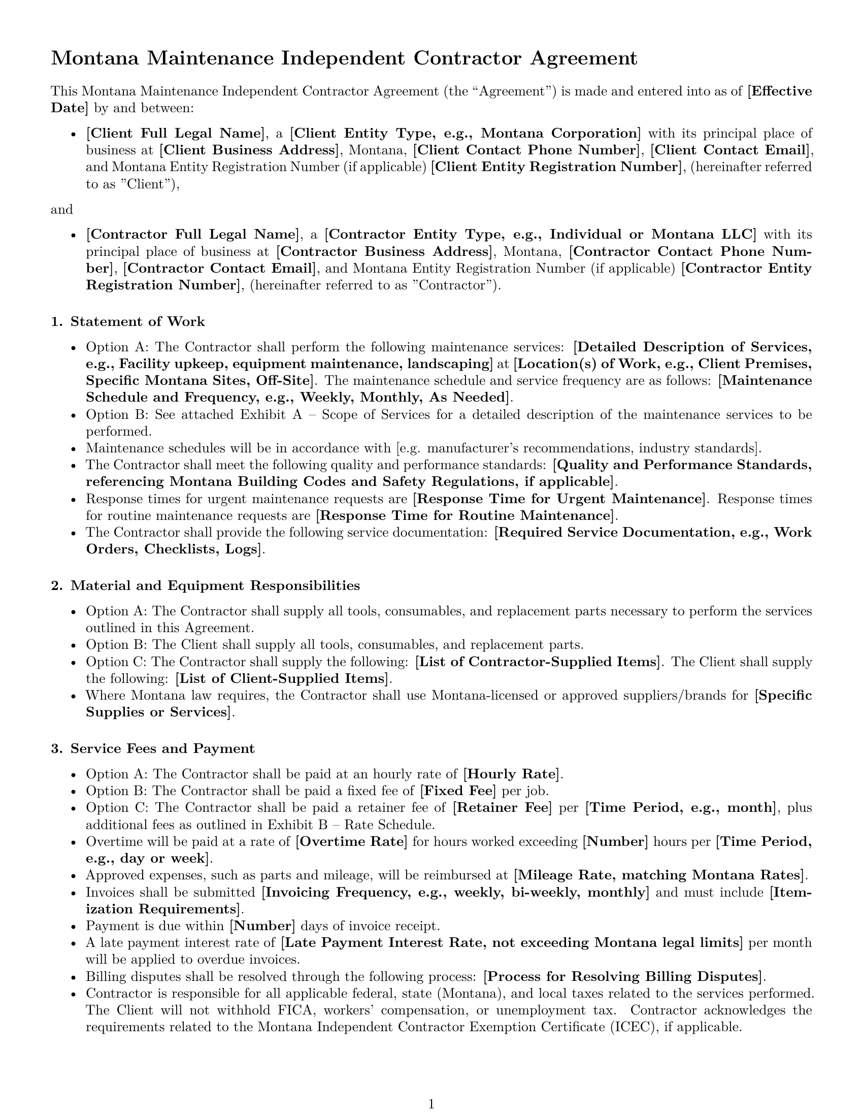 Preview page 1 of Free Montana maintenance independent contractor agreement template