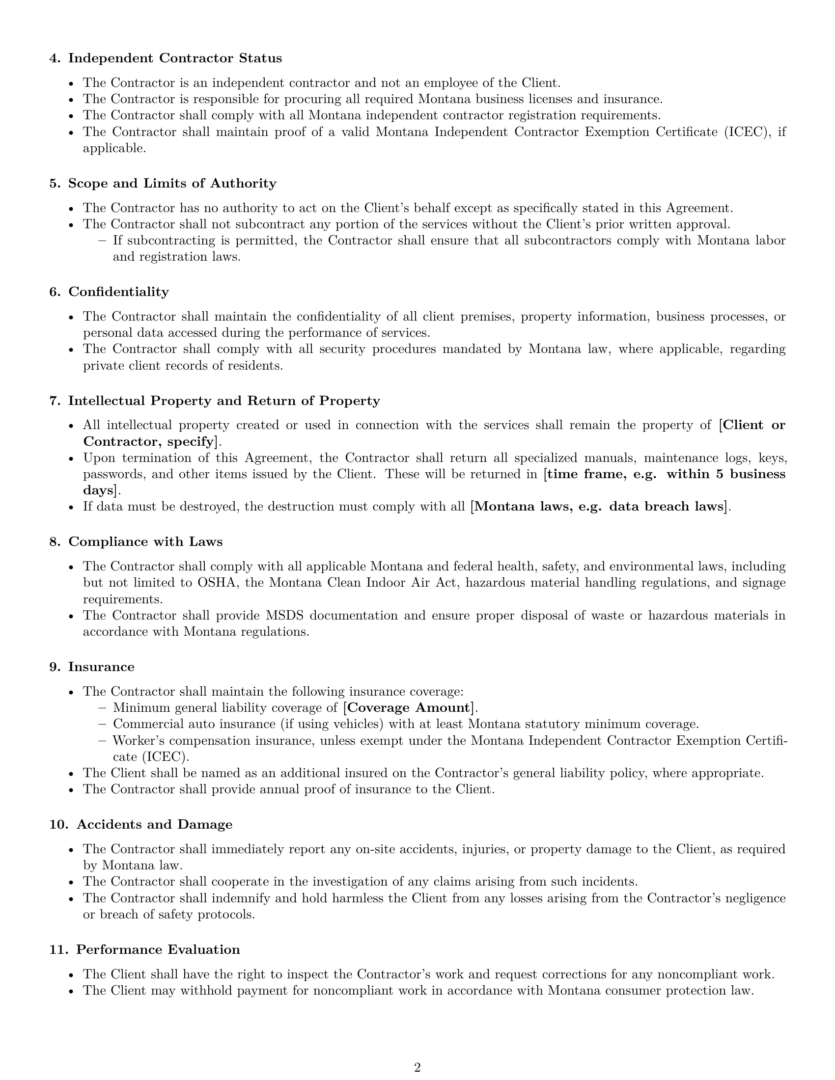 Preview page 2 of Free Montana maintenance independent contractor agreement template