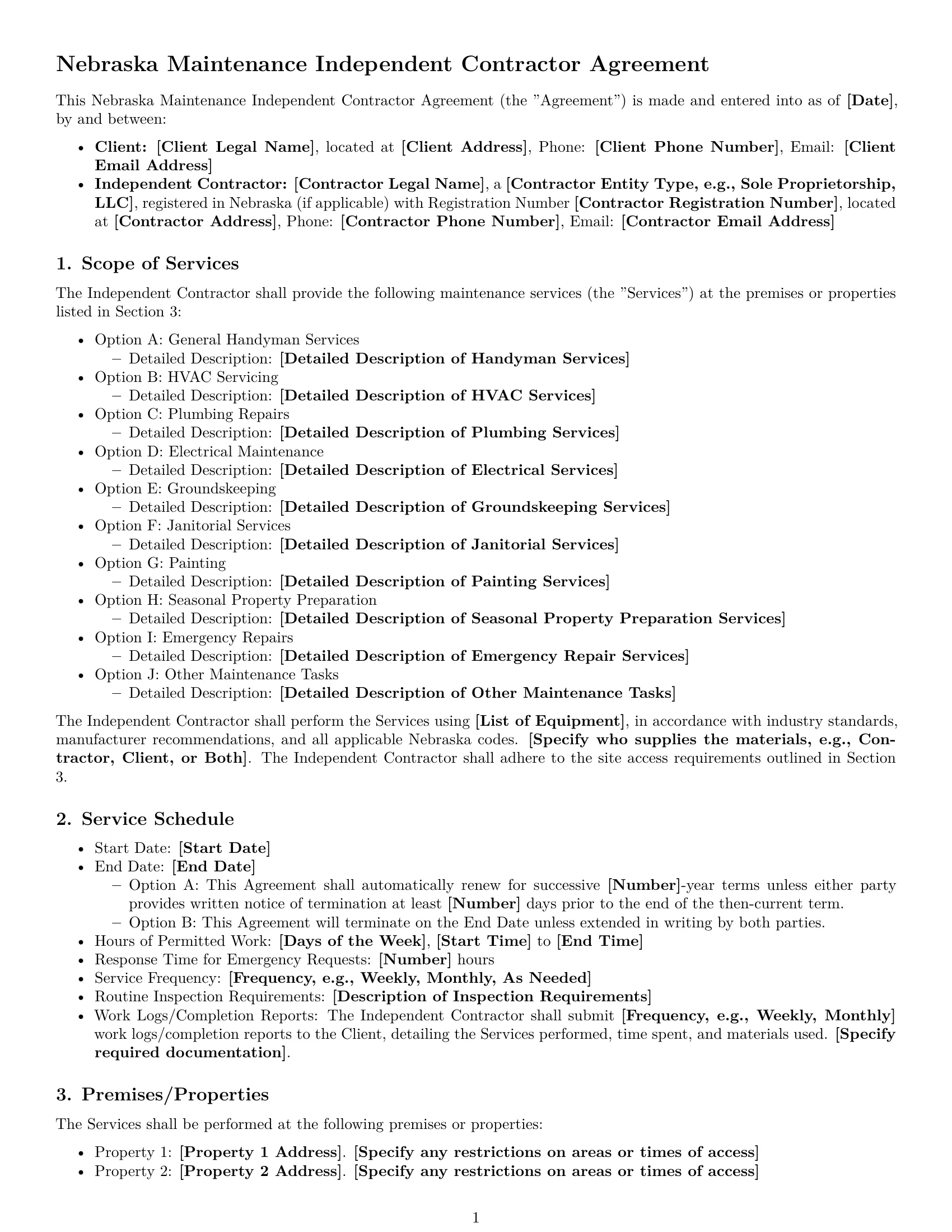 Preview page 1 of Free Nebraska maintenance independent contractor agreement template