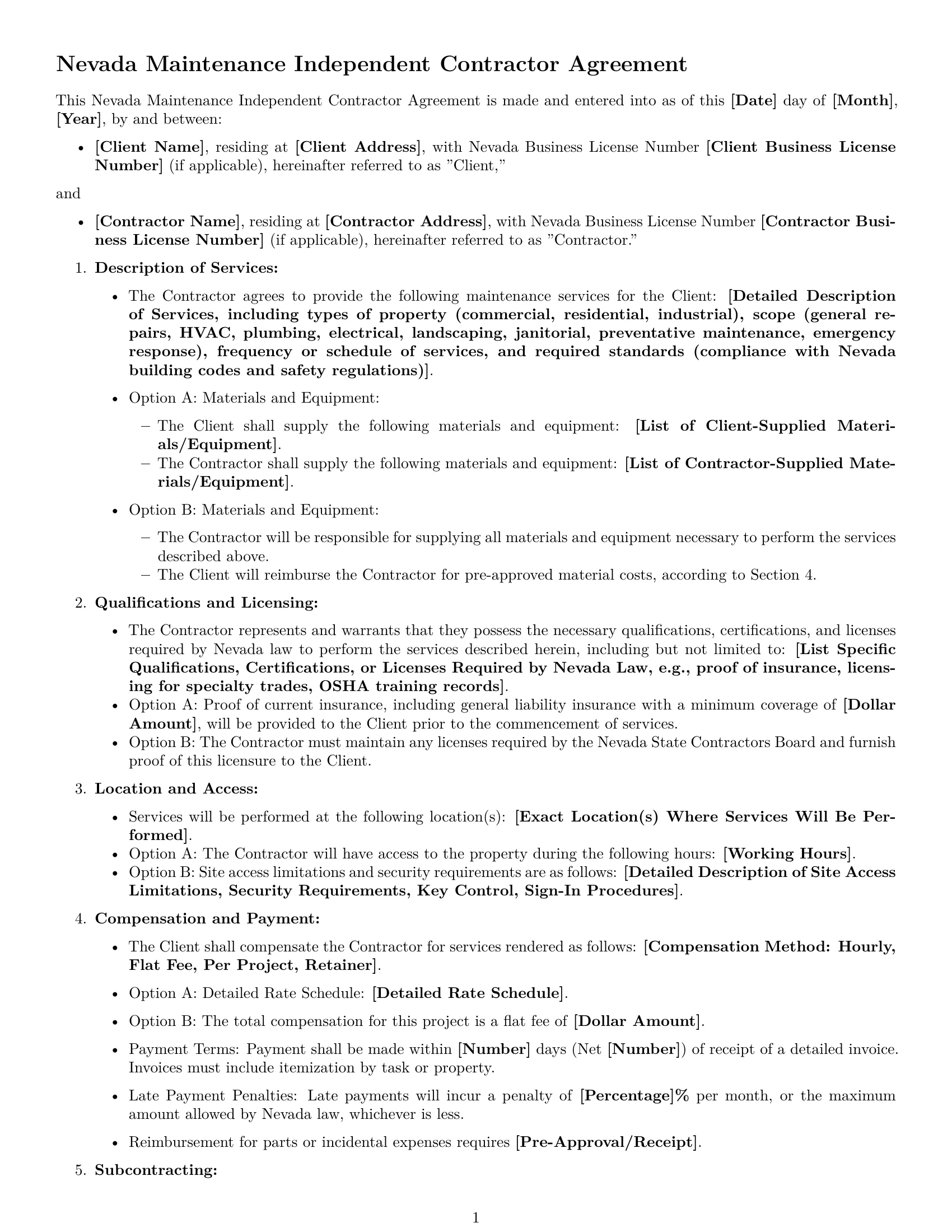 Preview page 1 of Free Nevada maintenance independent contractor agreement template