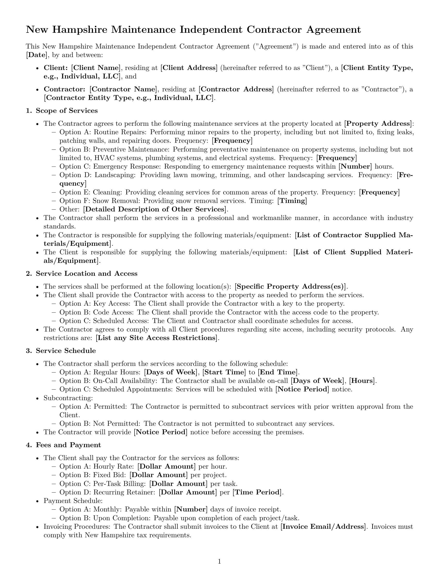 Preview page 1 of Free New Hampshire maintenance independent contractor agreement template