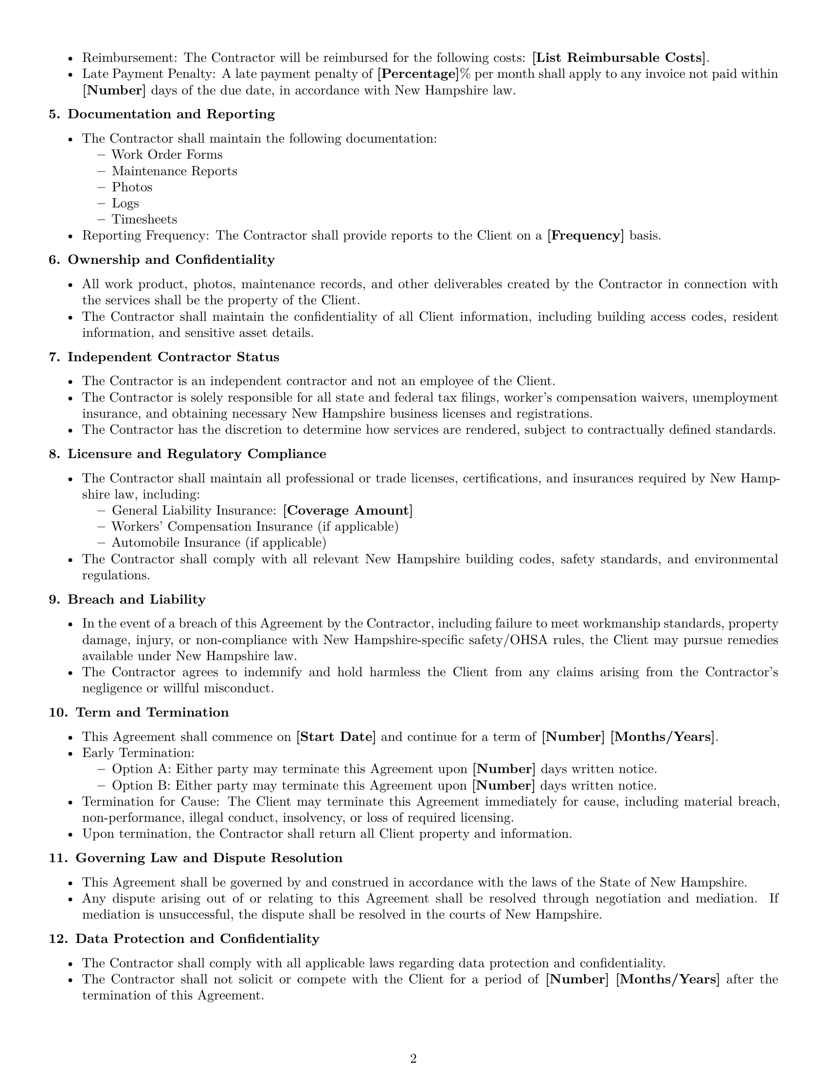 Preview page 2 of Free New Hampshire maintenance independent contractor agreement template