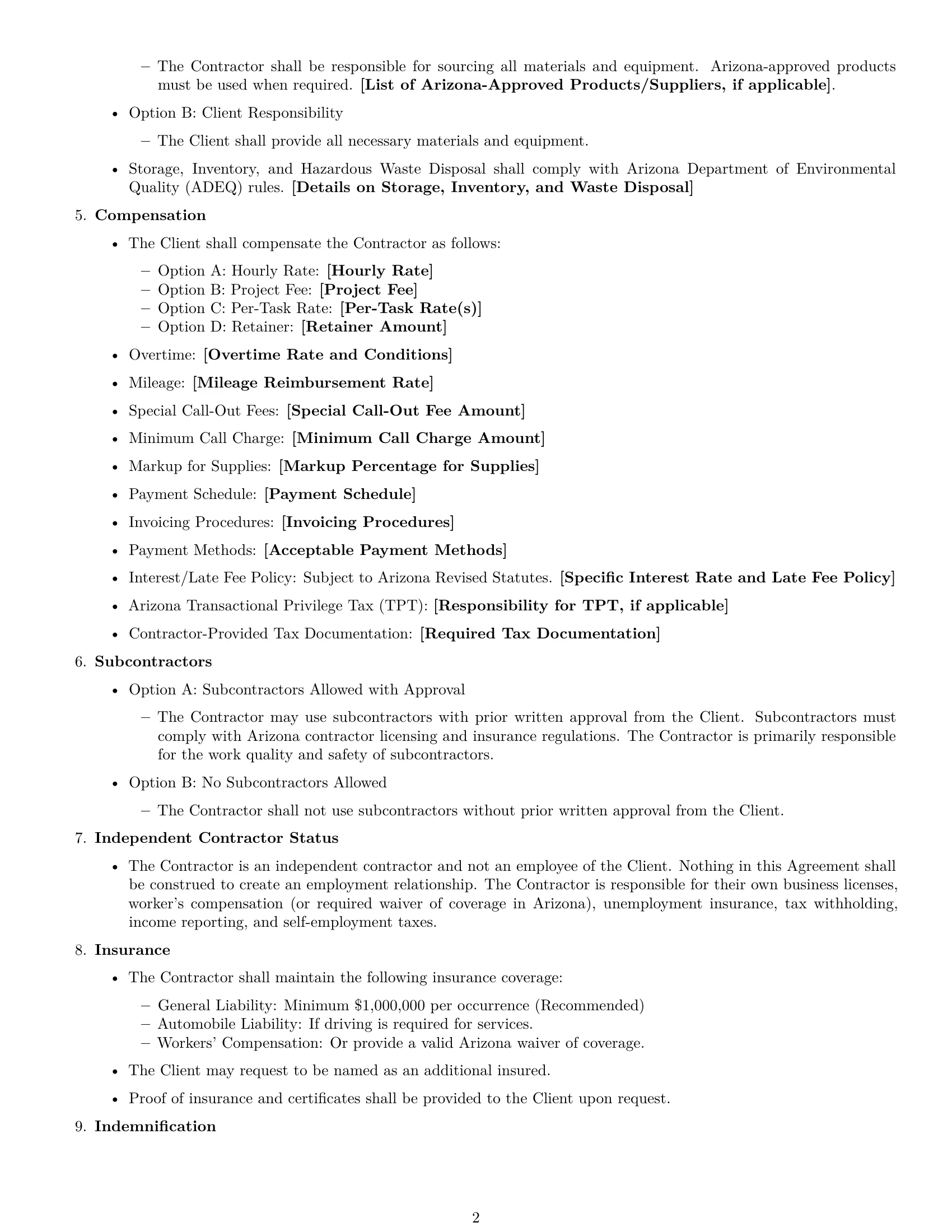 Preview page 2 of Free Arizona maintenance independent contractor agreement template